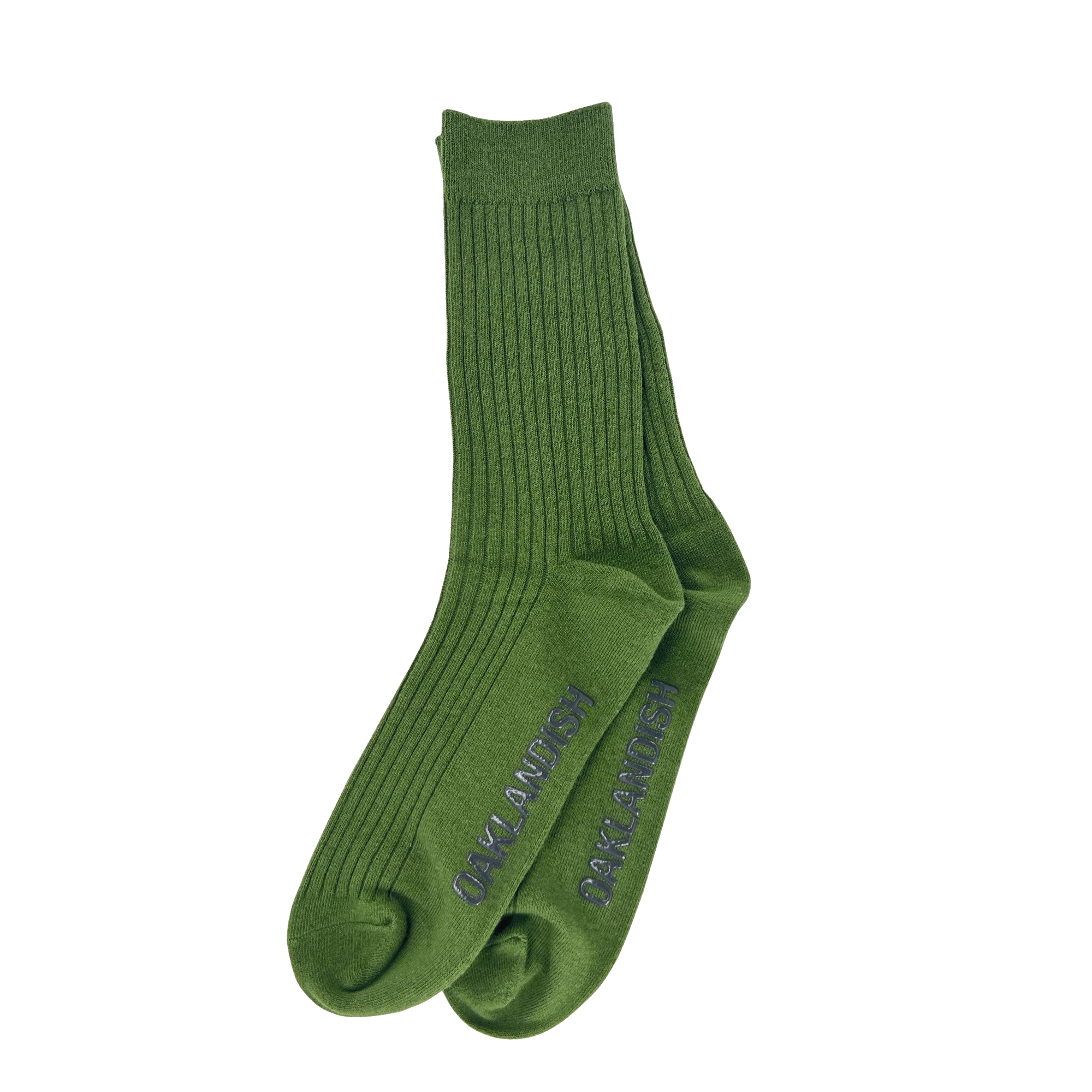 A pair of green Grip Crew Socks by Oaklandish, featuring "BANKAI INVANZO" vertically printed in blue along the outer sides. These one-size-fits-most socks are neatly laid out flat on a plain white background, showcasing their stylish design.