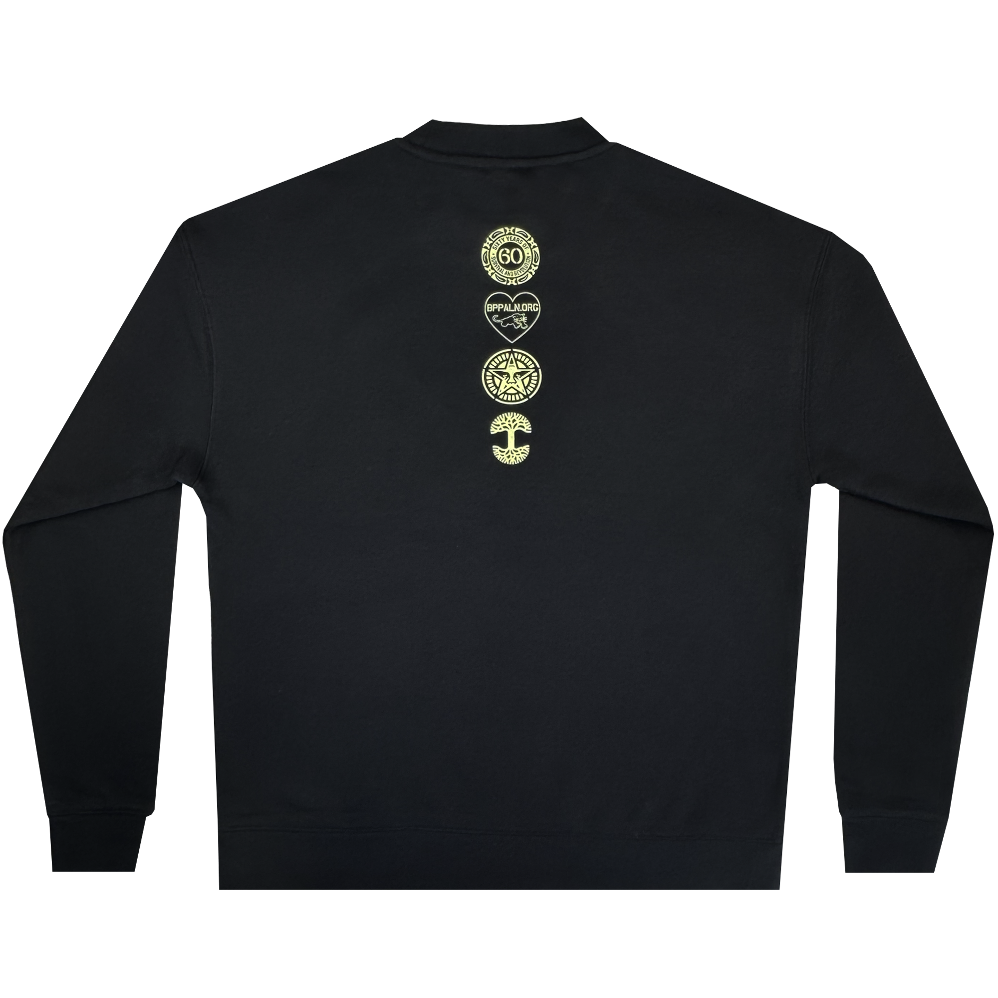 The Obey x BPPALN x Oaklandish - 60th Educate to Liberate Crew by Oaklandish is a black crewneck sweatshirt shown from the back, featuring five unique yellow graphics aligned vertically to celebrate the Black Panther Party’s 60th anniversary.