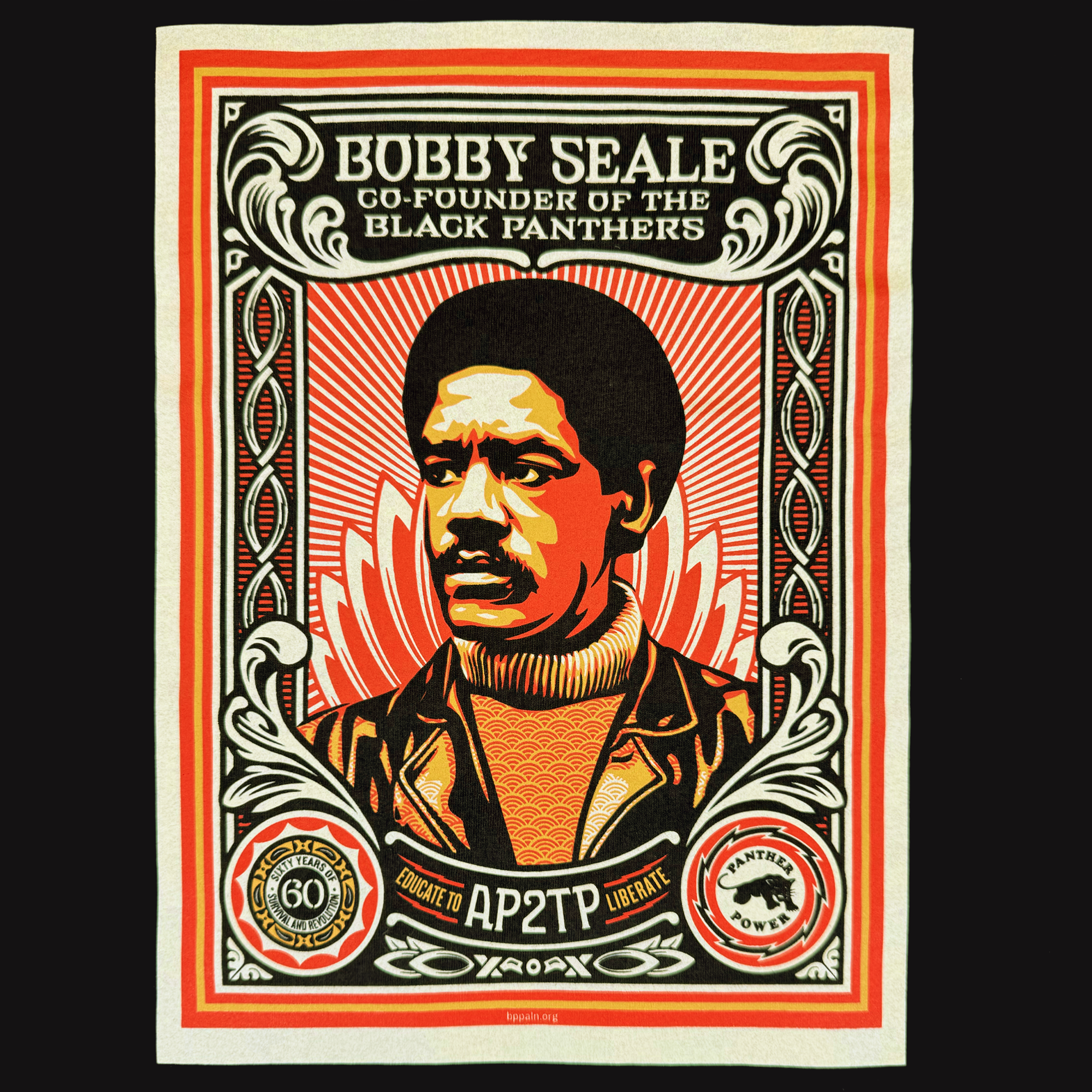 The Oaklandish Obey x BPPALN - 60th Educate to Liberate Crew features Shepard Fairey’s stylized portrait of Bobby Seale, framed by red rays, ornate borders, and the Black Panther Party logo beneath bold anniversary text.