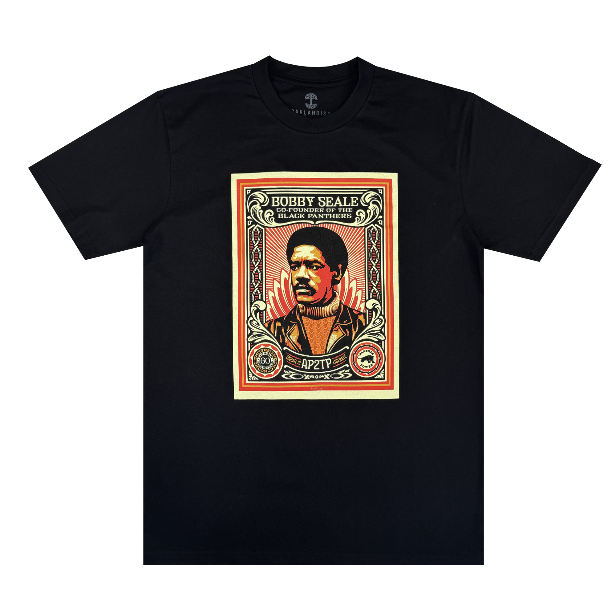 The Oaklandish Obey x BPPALN - 60th Educate to Liberate Tee features a stylized red and beige Bobby Seale portrait, “Bobby Seale, Black Panthers” text and logos, celebrating the Black Panther Party’s 60th anniversary.