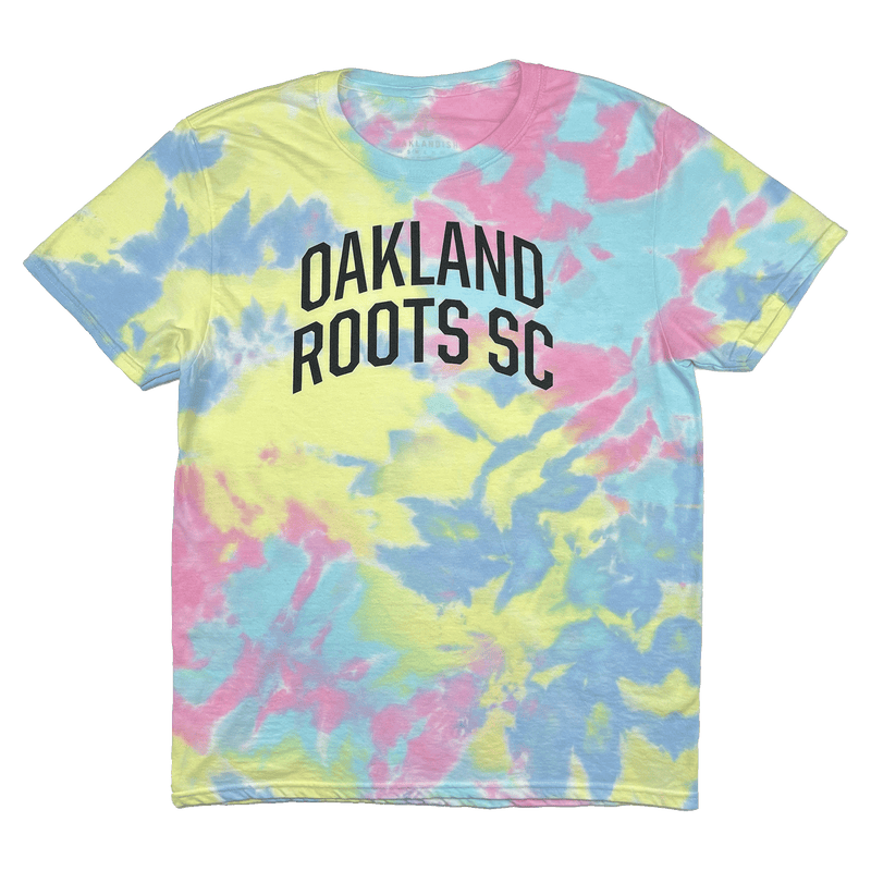 Baby pink, yellow and blue tie dyed t-shirt with black Oakland Roots SC wordmark.