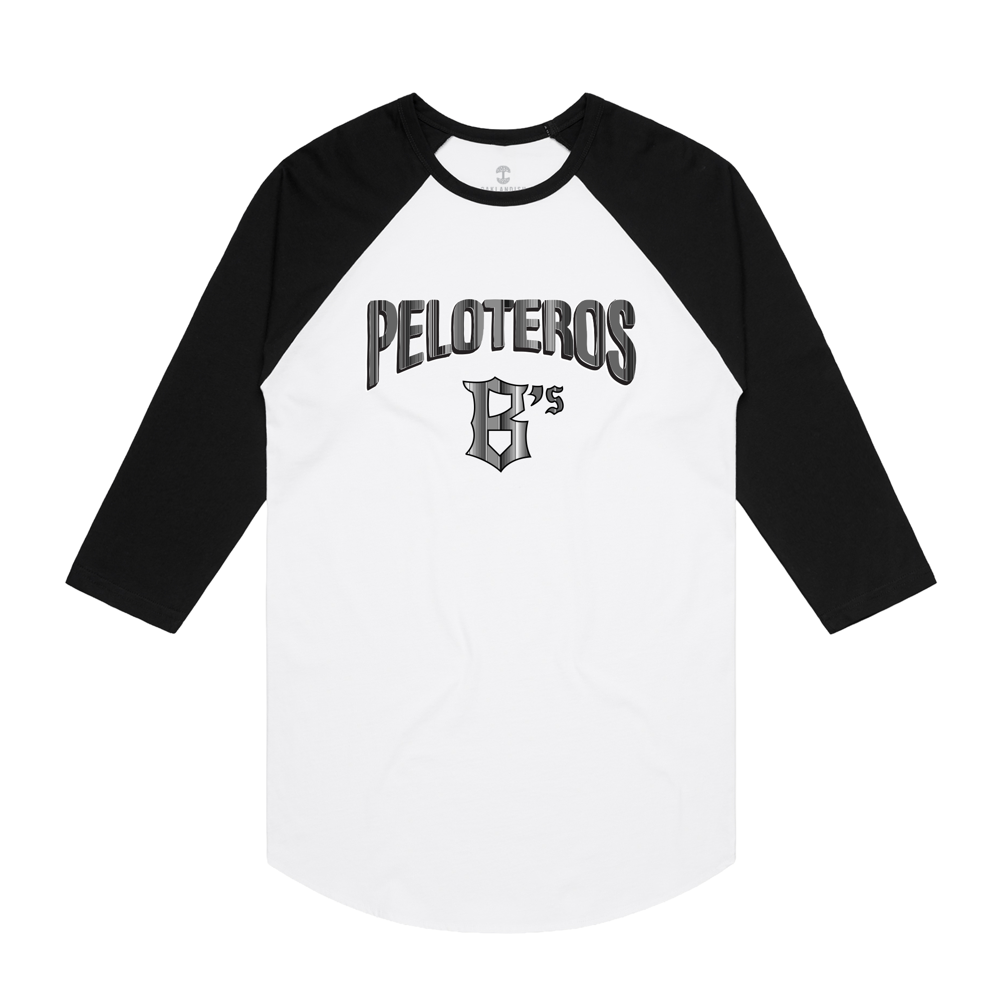 Introducing the Peloteros Raglan Tee by Oakland Ballers—a black and white raglan t-shirt featuring bold “PELOTEROS” lettering above a stylized “G’s” logo on the front. Designed with black sleeves and collar contrasted by a white body, this tee is laid flat on a plain white background—perfect for any Oakland baseball fan.