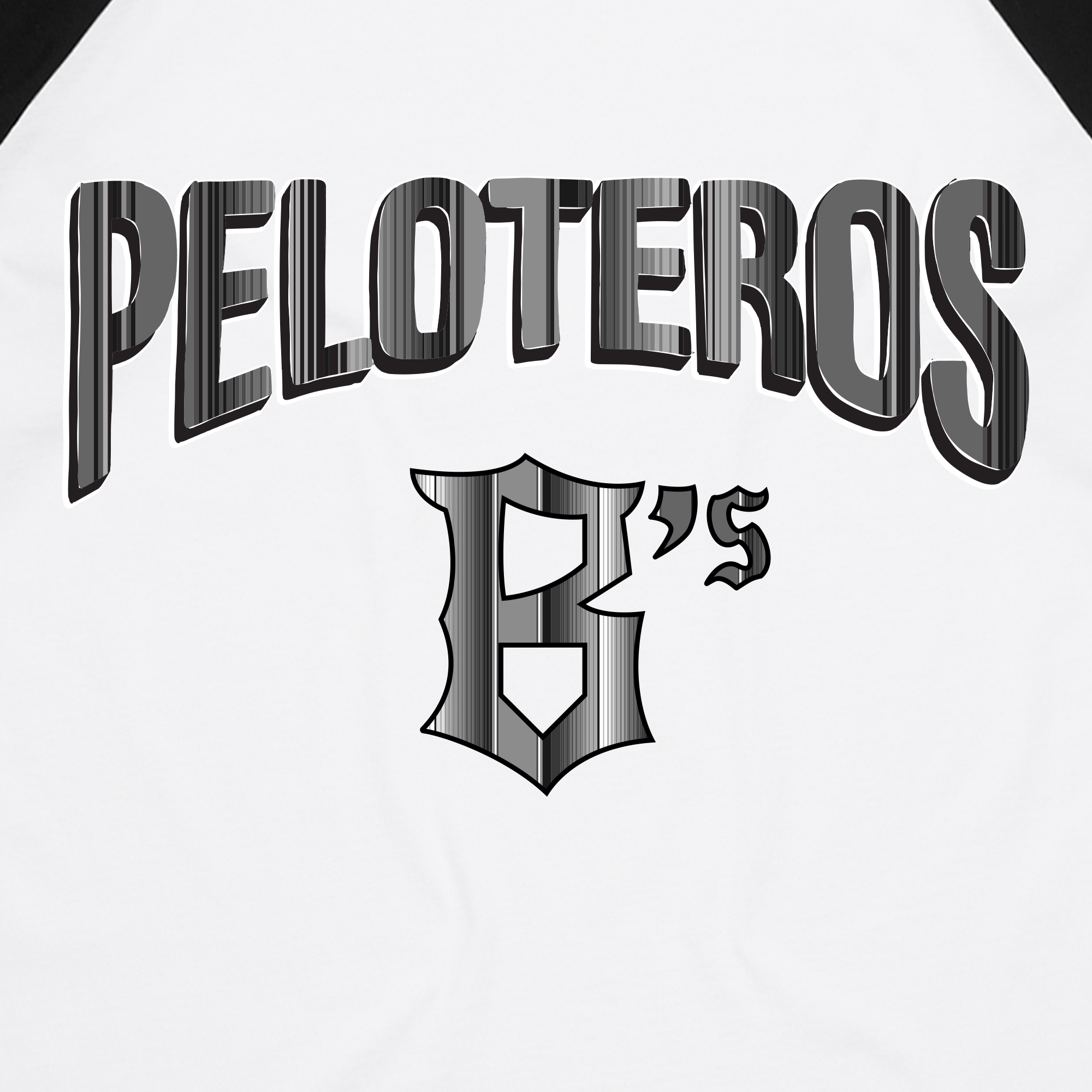 PELOTEROS in bold, stylized black lettering arches across the chest of the Peloteros Raglan Tee by Oakland Ballers. Centered below is a prominent, ornate letter “B,” accented with a small cursive “’s” at its upper right—an elegant tribute to the team’s name. The classic white backdrop is complemented by subtle black at the corners, evoking the timeless appeal of a vintage raglan style.