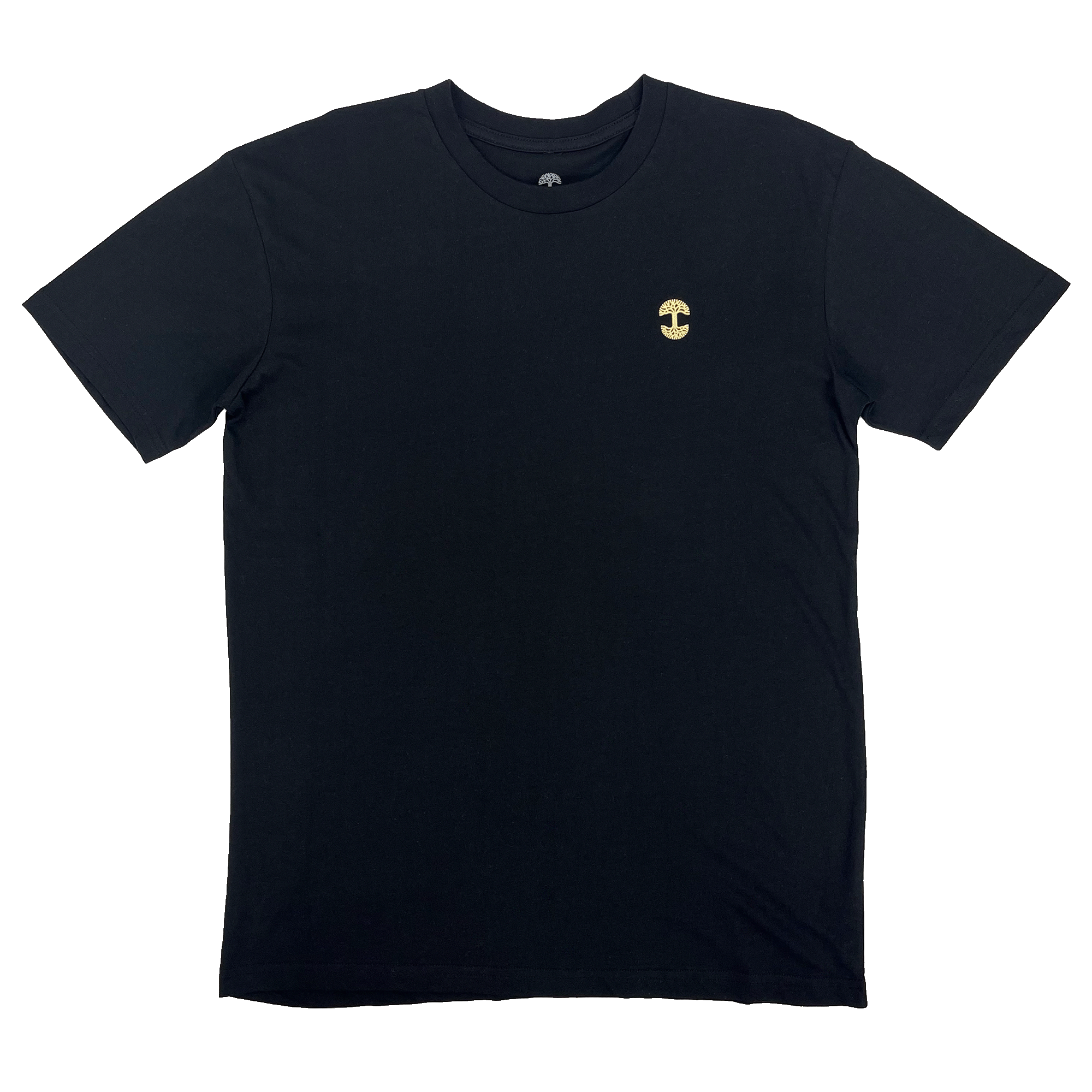 Front view of black t-shirt with yellow Oaklandish tree logo on front chest.