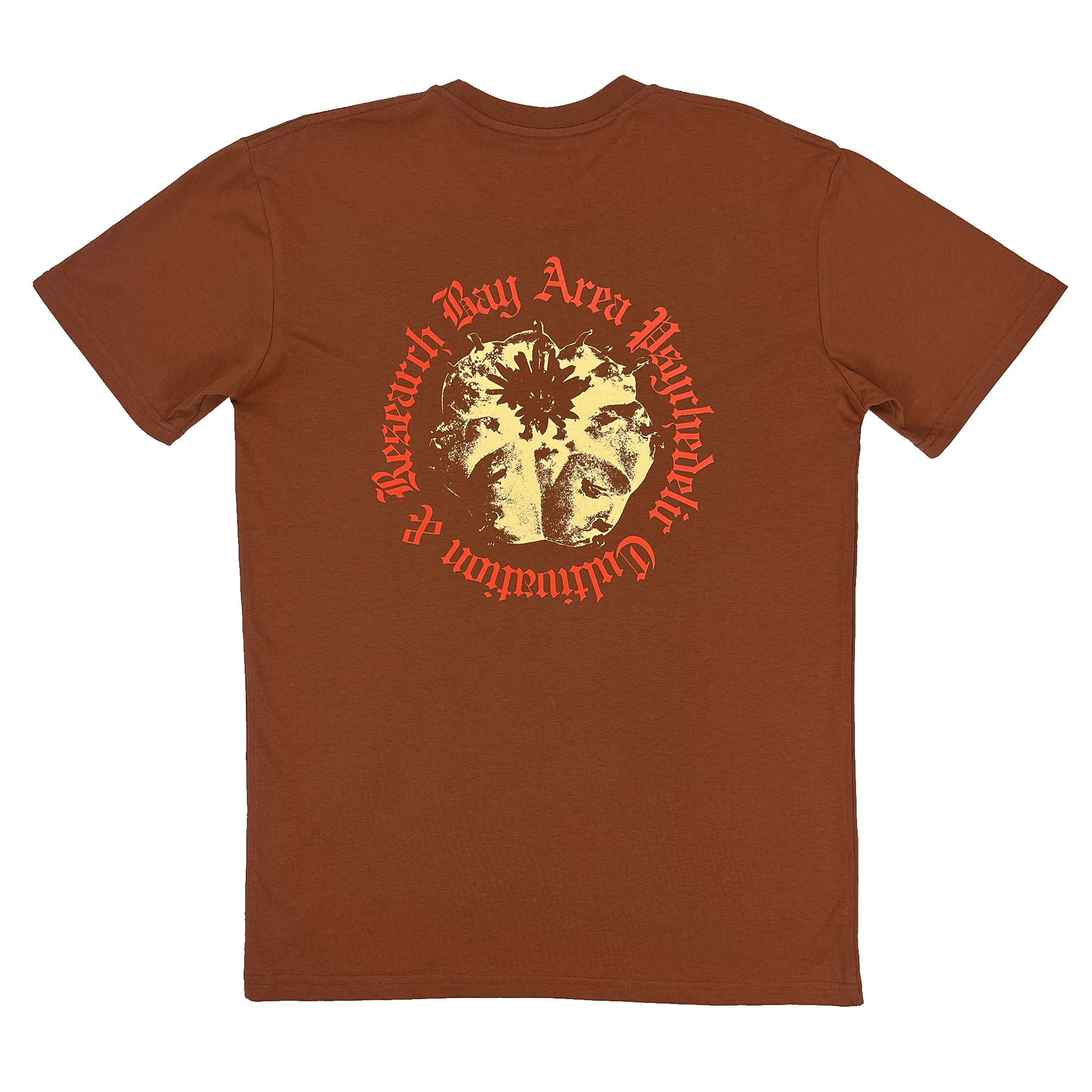 Front view of clay-colored t-shirt with Peyo Mind's Eye, Bay Area Psychedelic Research graphic.