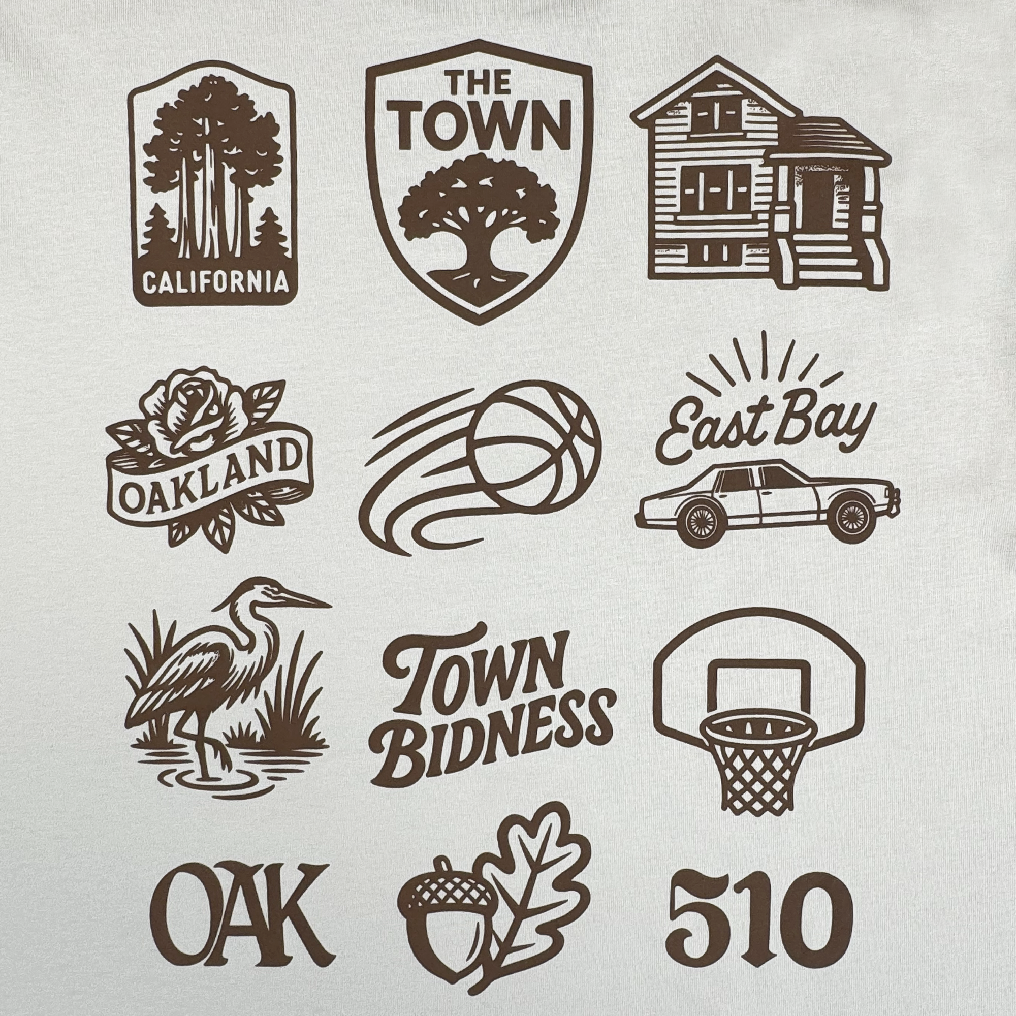 A grid of twelve brown line icons on white, from redwoods to “510,” celebrates Oakland pride and the Warriors with the GSW Pirate Black-Letter LS Tee, featuring symbols like “The Town,” a basketball, and “OAK” with an acorn.