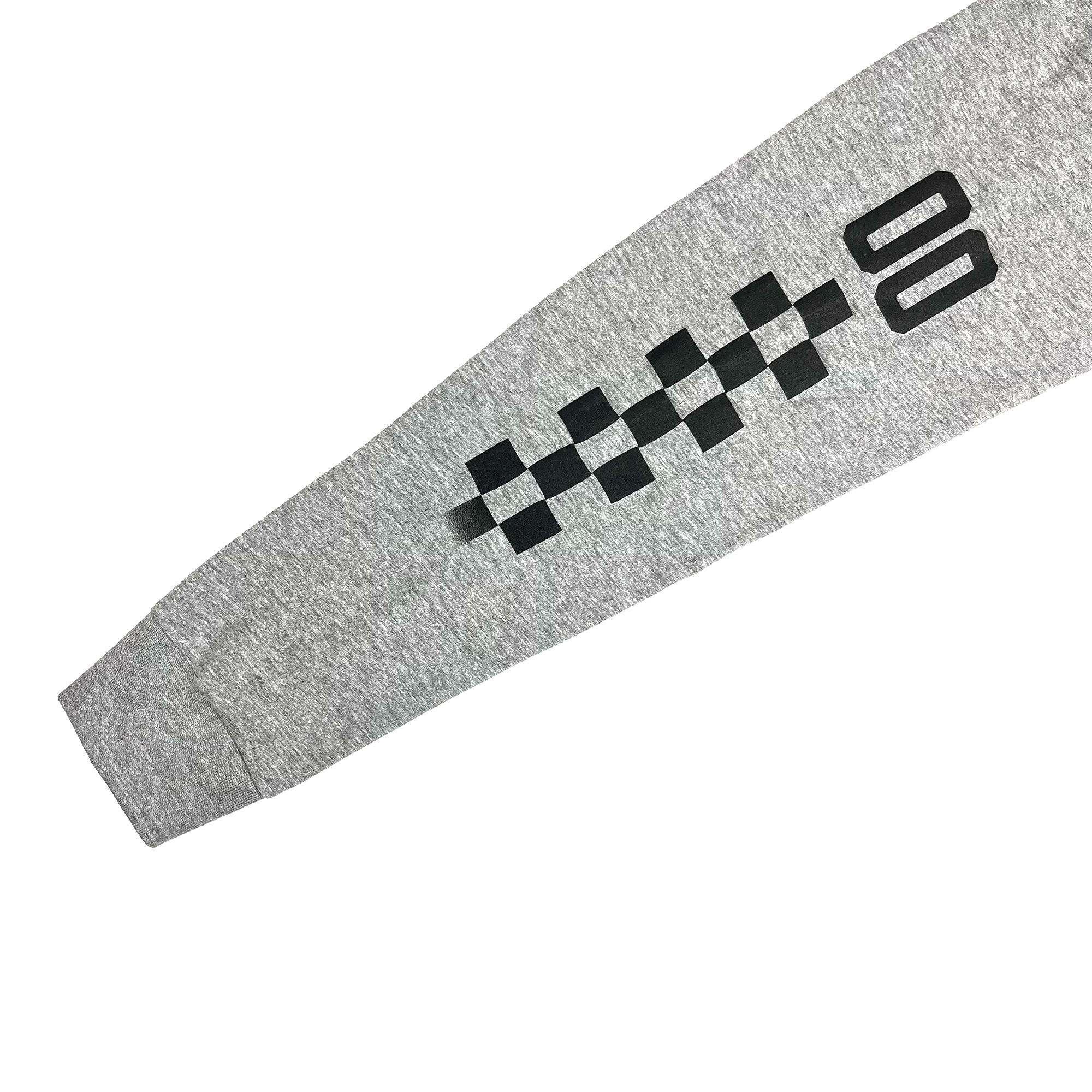 Close-up image of right sleeve of grey long-sleeve t-shirt with printed black checkered race car-inspired artwork and '00'.