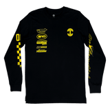 Flat image of black long sleeve t-shirt with yellow racecar-inspired design on front and sleeves.