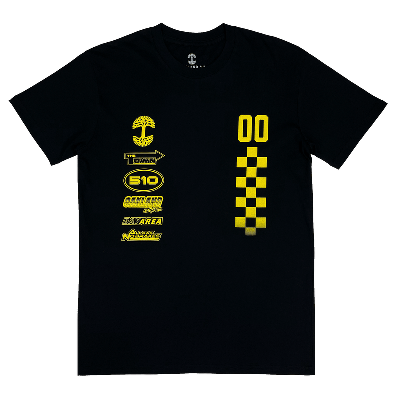 Black t-shirt with a yellow race car-inspired design and Oaklandish tree logo on the front chest.
