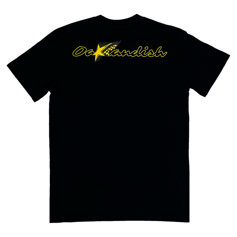 The backside of a black t-shirt with an Oaklandish wordmark printed in cursive across the upper-back.
