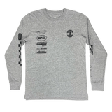 Grey long-sleeve t-shirt with a black race car-inspired design on the front and the sleeves.