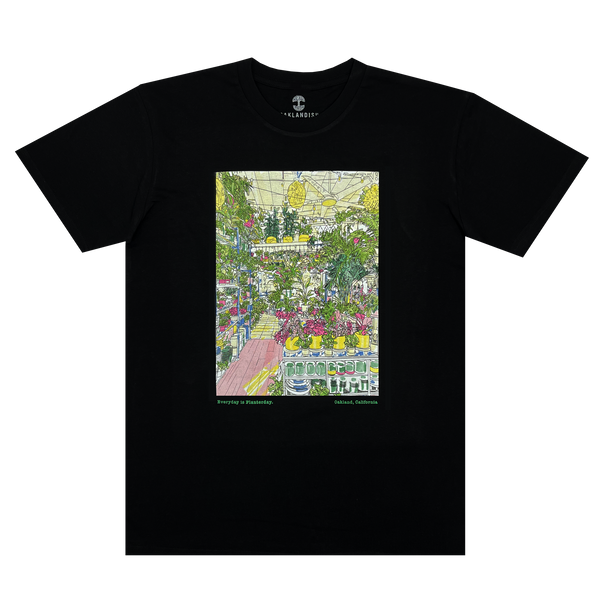 Black cotton t-shirt with a large hand-drawn full color graphic of the inside of Planterday, a mission-driven plant shop in Oakland, CA.