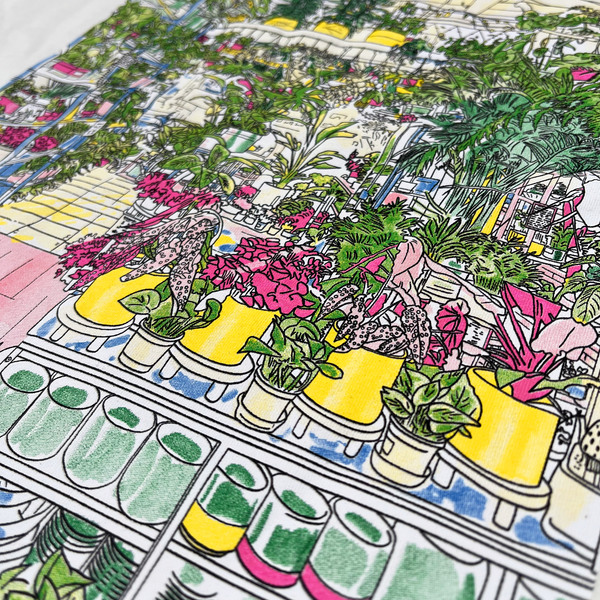 Detailed close-up of large hand-drawn full color graphic of the inside of Planterday, a mission-driven plant shop in Oakland, CA on natural cotton colored t-shirt.