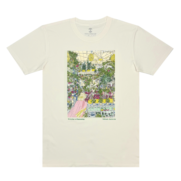 Natural cotton t-shirt with a large hand-drawn full color graphic of the inside of Planterday, a mission-driven plant shop in Oakland, CA.