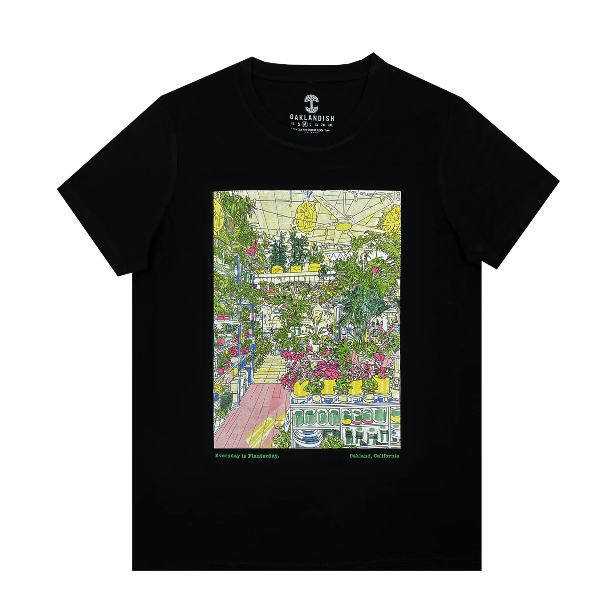 The Women's Planterday X Oaklandish Tee showcases a vibrant, detailed illustration of a mission-driven plant shop and flower store on a black t-shirt. The design features various plants, flowers, and decorations in a bustling indoor setting. Text at the bottom reads "Shopping in Plantlandia, Oakland, California," with the Oaklandish brand name printed on the back.