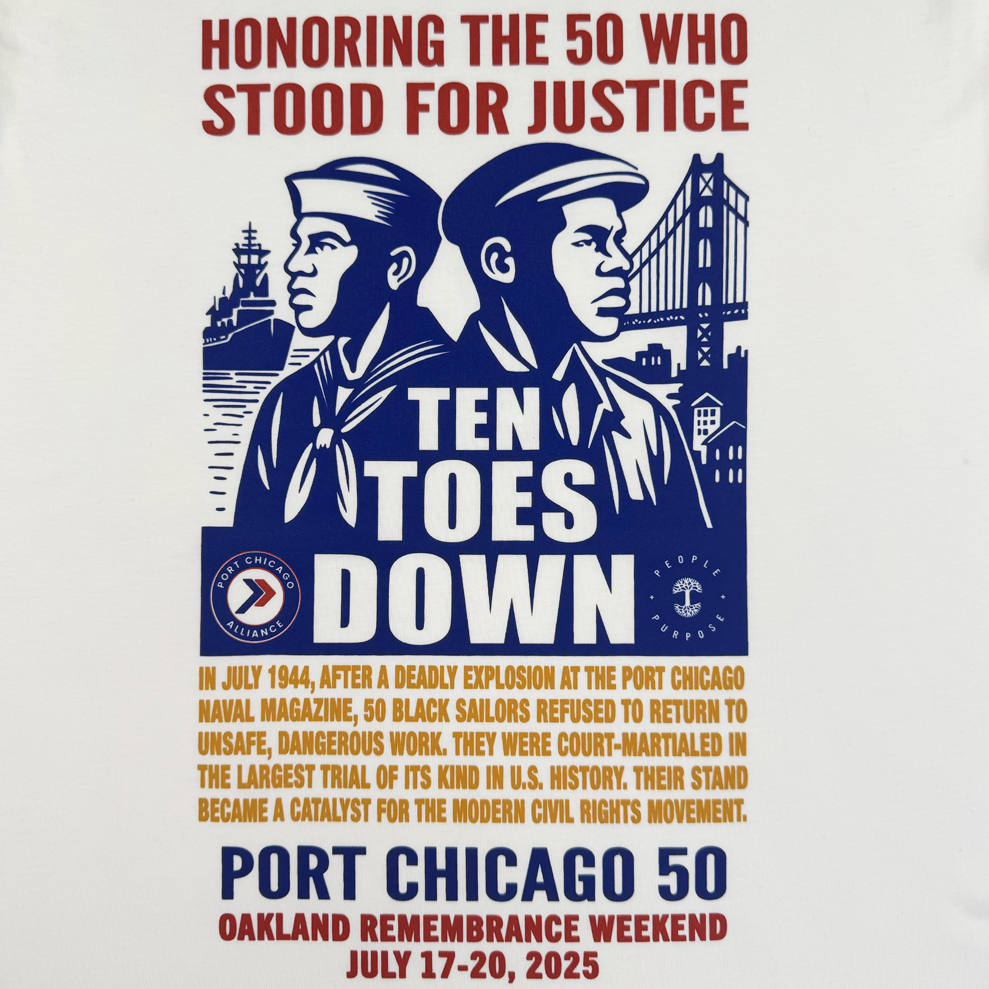 The Port Chicago 50 Tee by Oaklandish features two Black Sailors in uniform with city buildings behind them and bold red text: "Honoring the 50 Who Stood for Justice." Includes "Ten Toes Down" and Port Chicago 50 Remembrance event info.