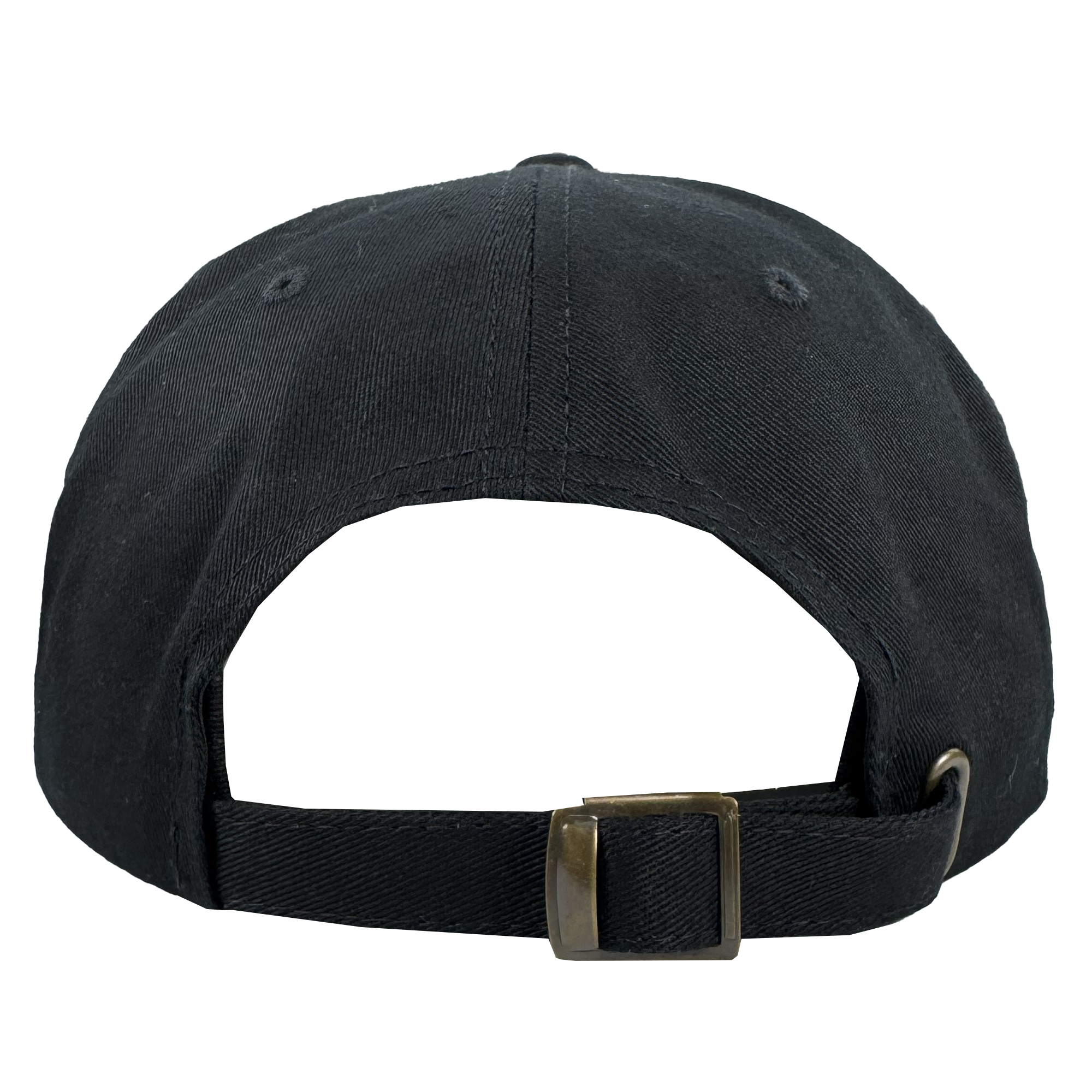 The Power of the People Dad Hat by Oaklandish is a black cap with visible stitching, two small embroidered ventilation holes on its rounded crown, and an adjustable strap with a brass-colored buckle at the back.