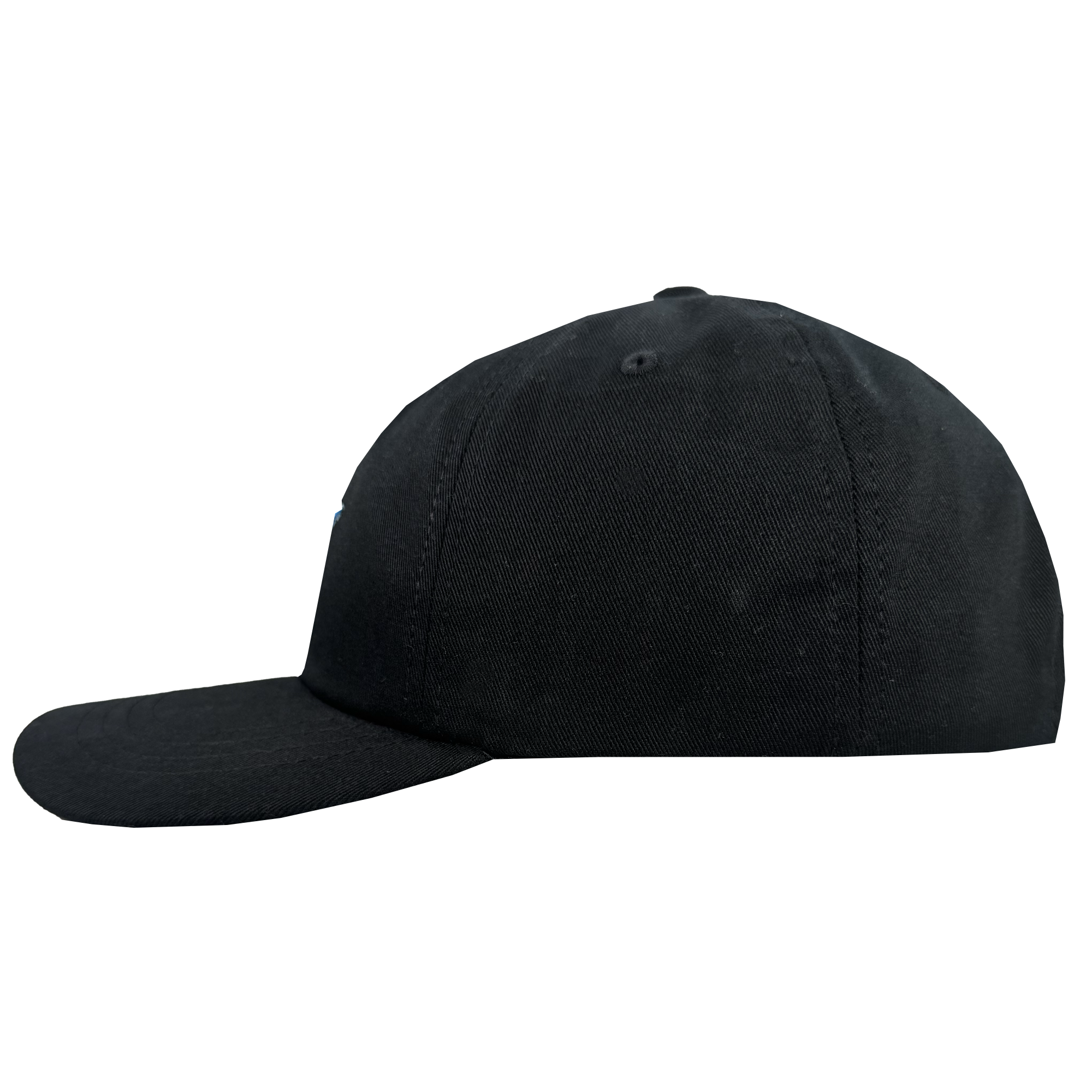 The Power of the People Dad Hat by Oaklandish is shown in side profile against a white background. This plain black cap features a curved brim, visible stitching, six panels, and a top button with no logos or embellishments.