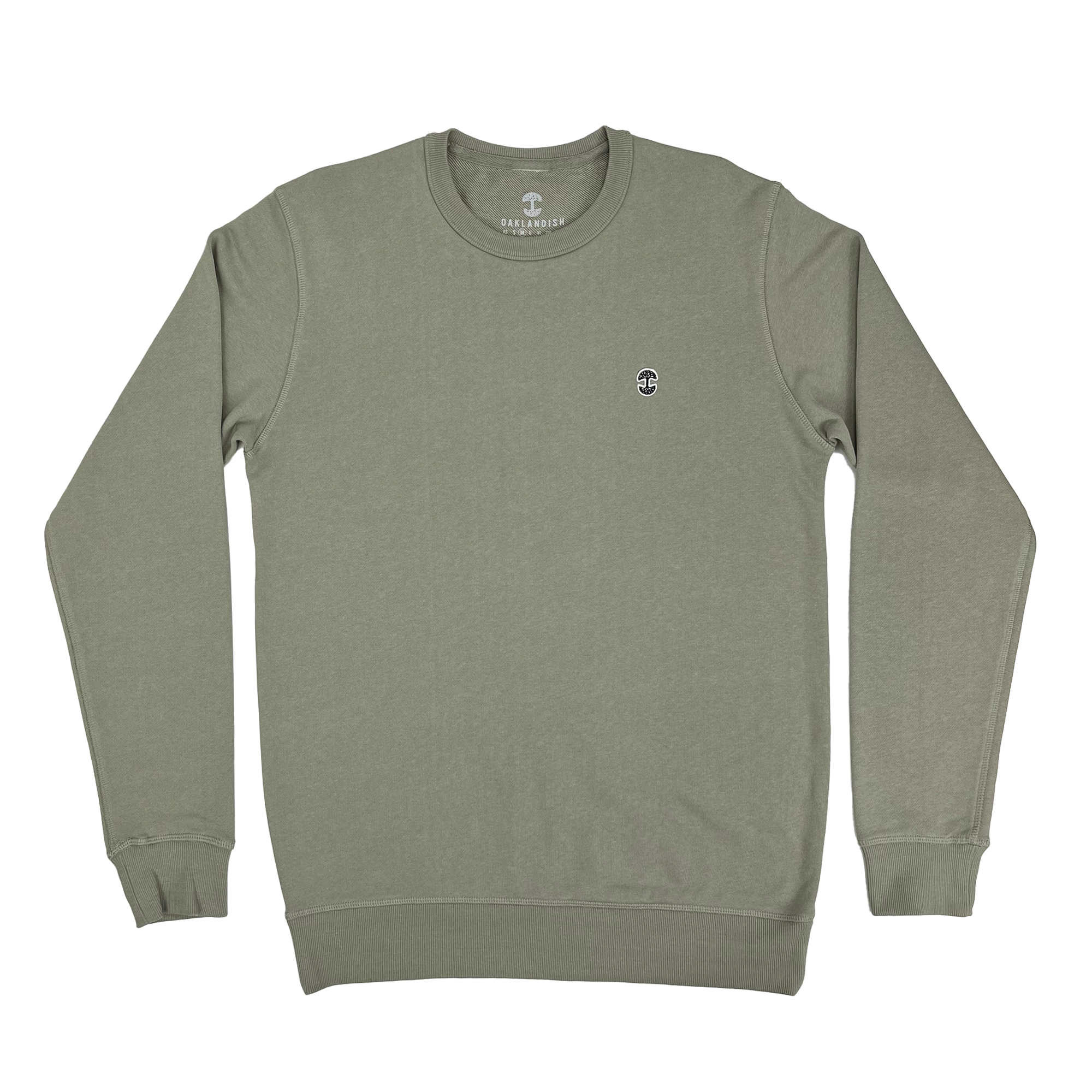 Front view of Premium crewneck sweatshirt - Oaklandish tree logo, Eucalyptus 