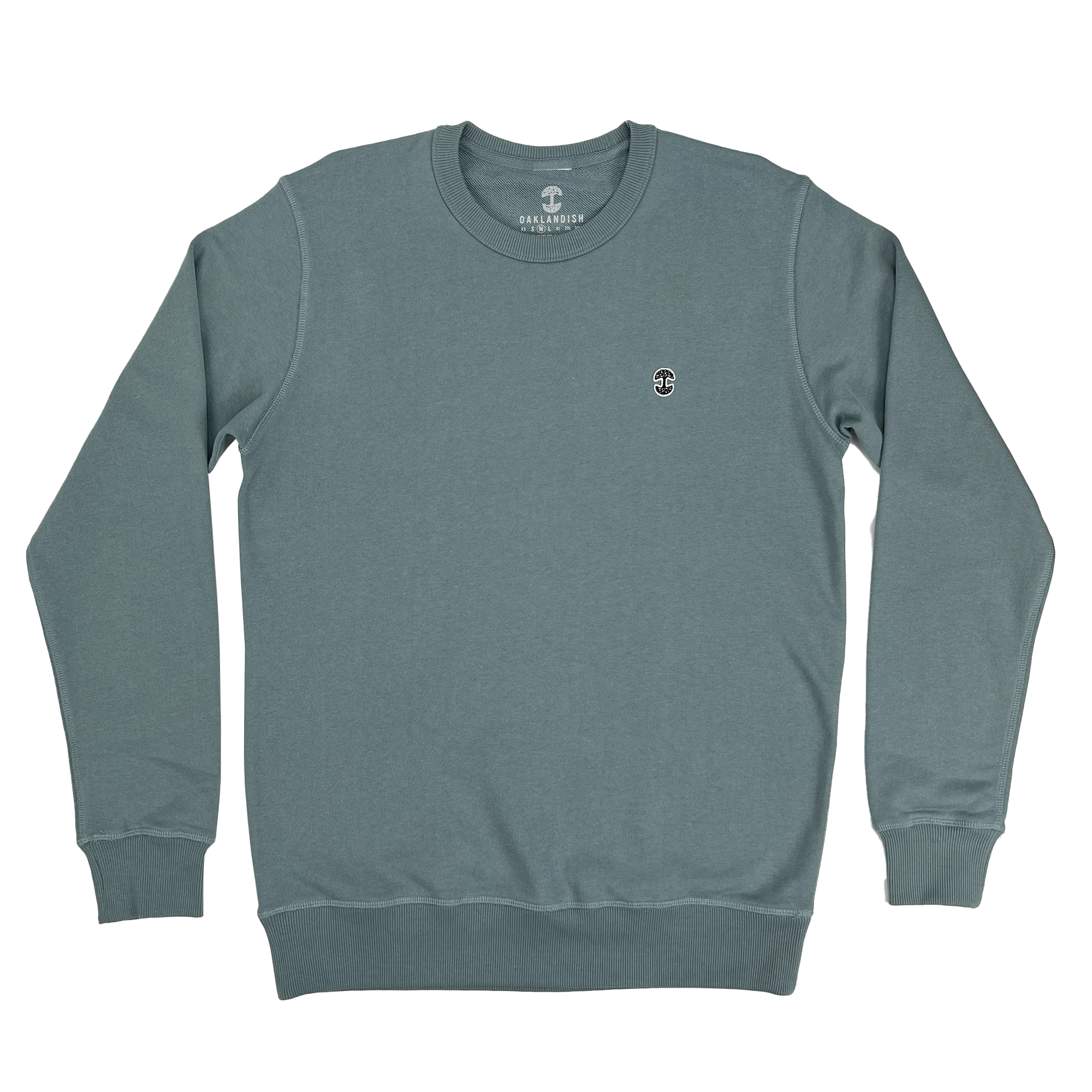 Front view of Premium crewneck sweatshirt - Oaklandish tree logo, Mineral