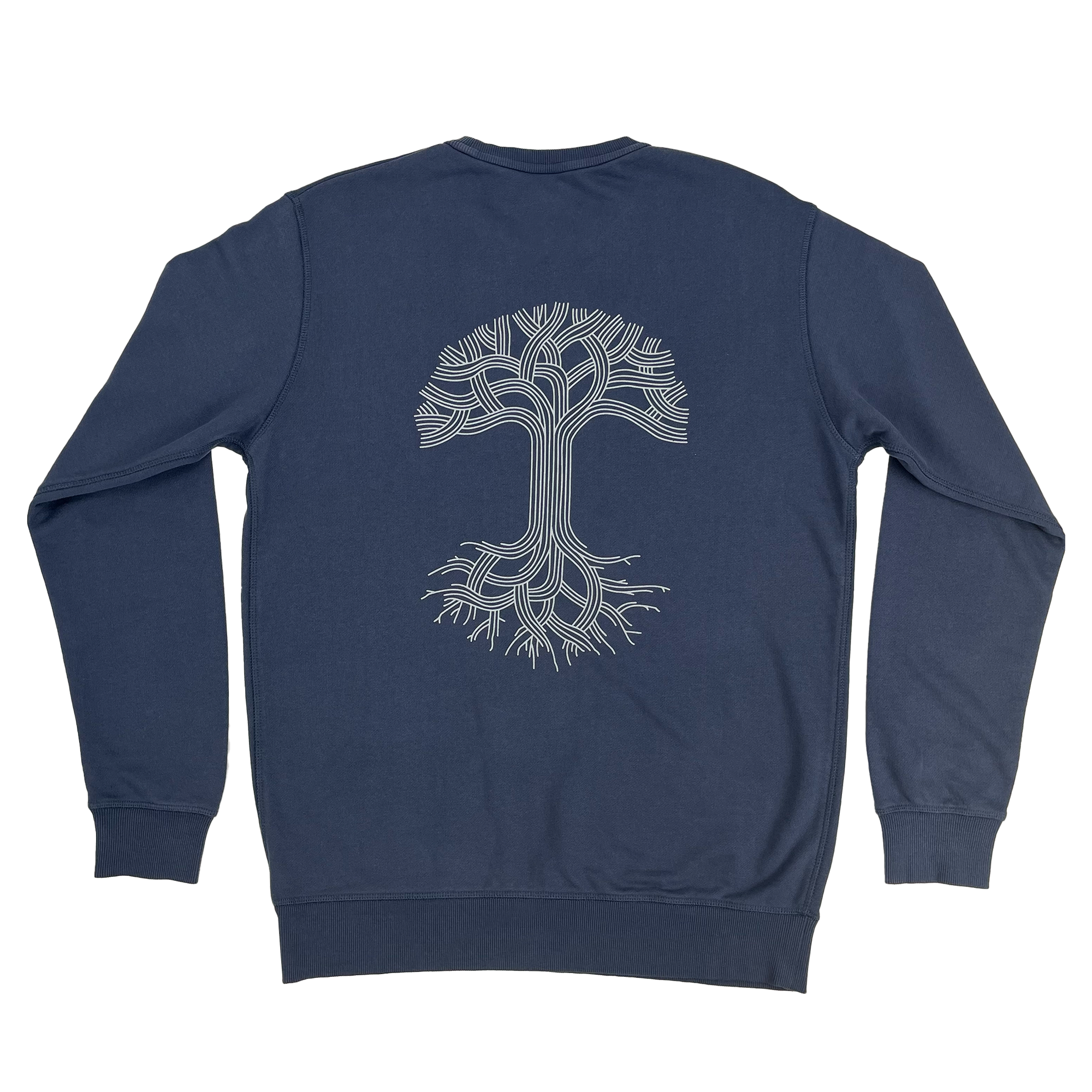 Back view of Premium crewneck sweatshirt - Oaklandish tree logo, Petrol Blue