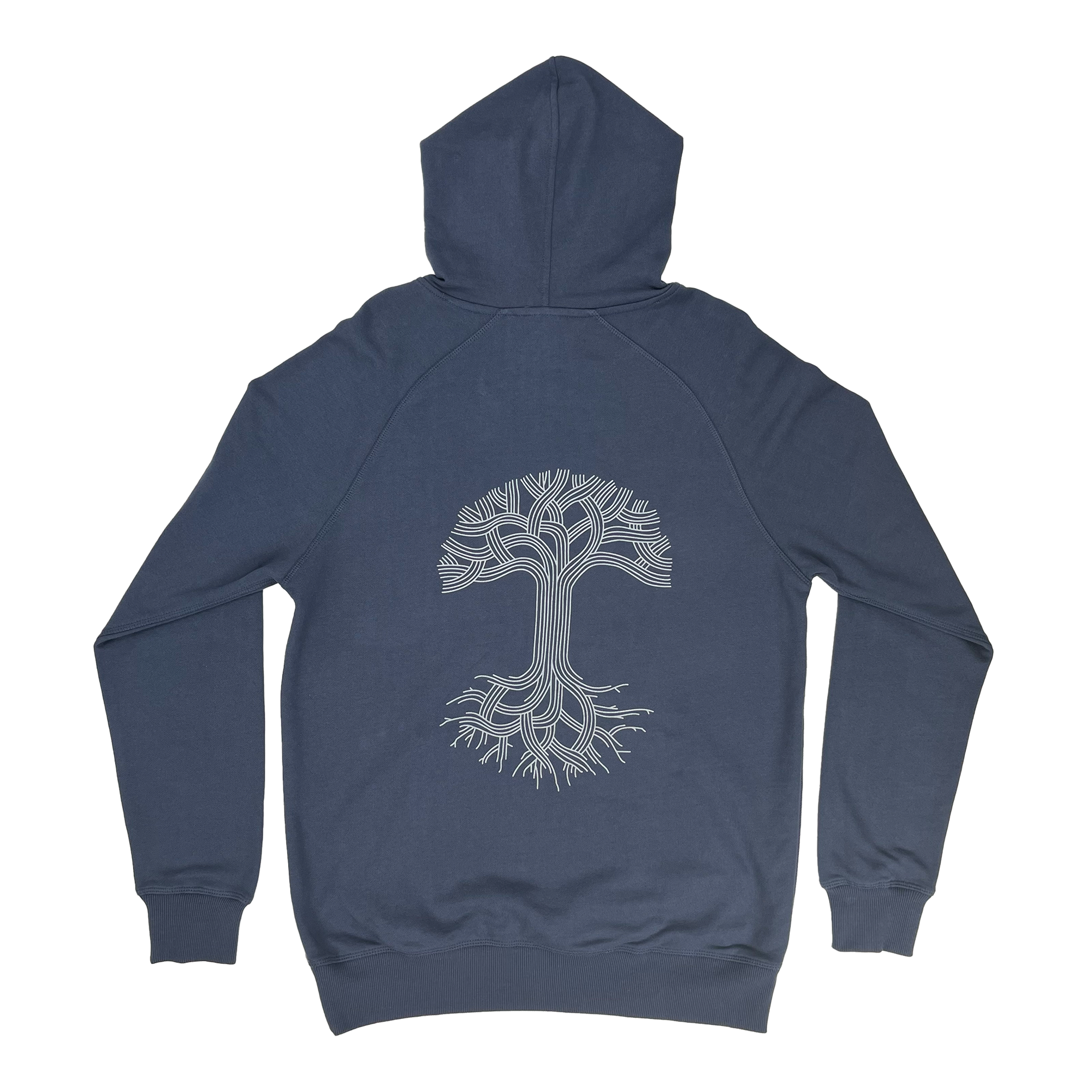 The Oaklandish Classic Premium Hoodie, made from 100% cotton French Terry, is displayed showing the back side. The blue hoodie features a white geometric graphic of a tree, with intricate lines representing branches extending upward and roots spreading downward. The long sleeves end in ribbed cuffs.
