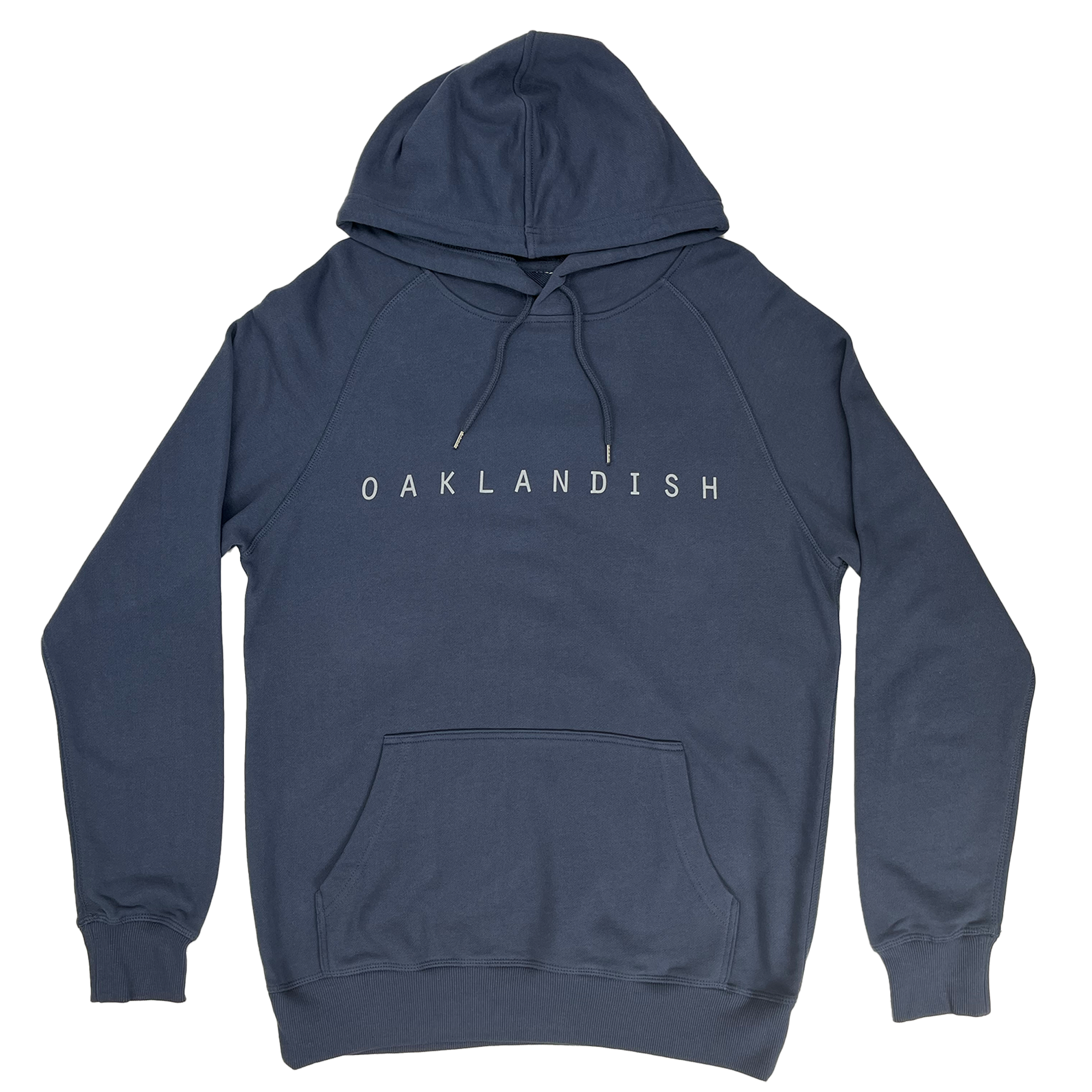 The Oaklandish Classic Premium Hoodie is a premium pullover in dark blue, showcasing the word "OAKLANDISH" printed in white, uppercase letters across the chest. Made from 100% cotton French Terry, this casual Oakland Roots sweatshirt includes a front kangaroo pocket and a drawstring hood.