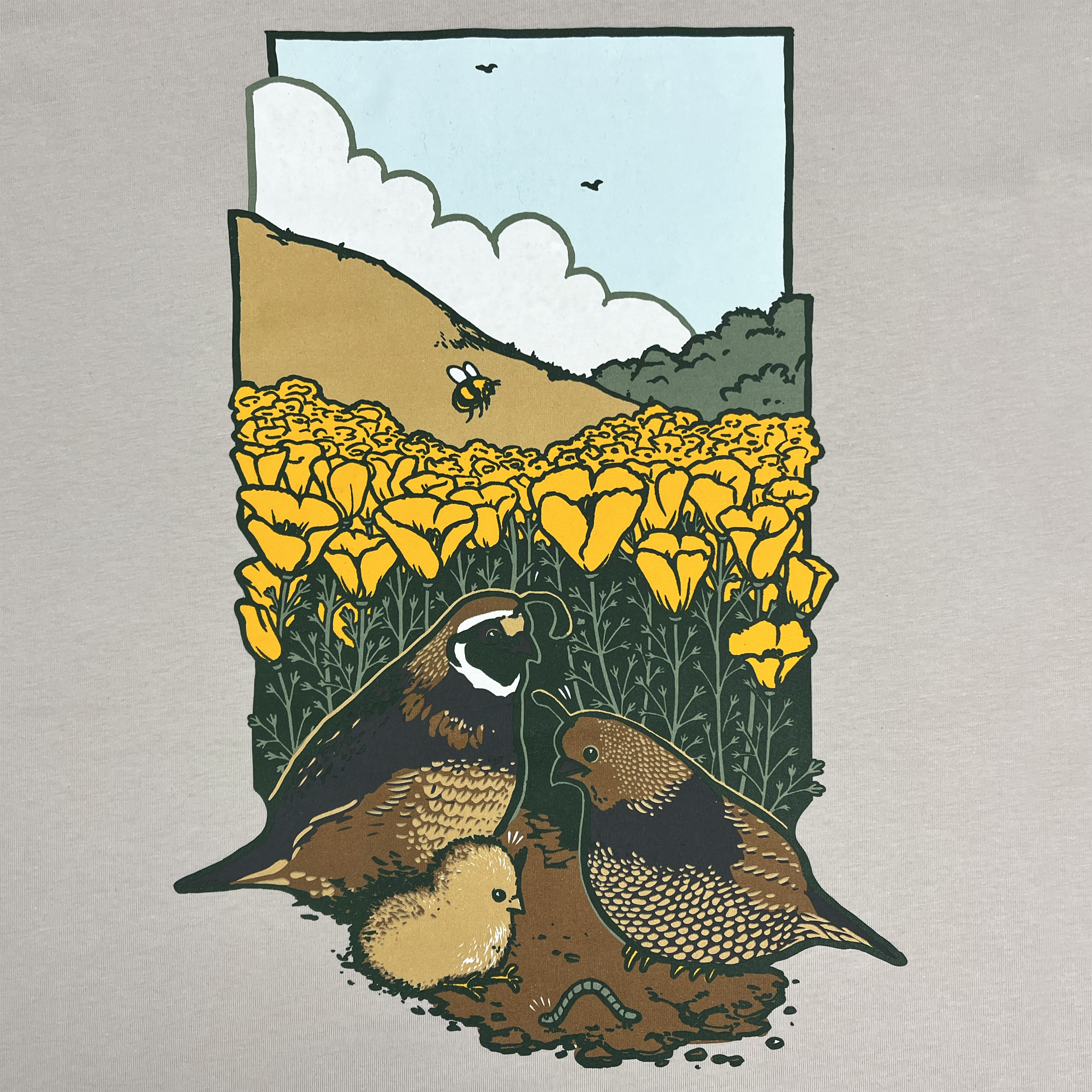 Detailed view of men's cotton t-shirt with quail family, bone.