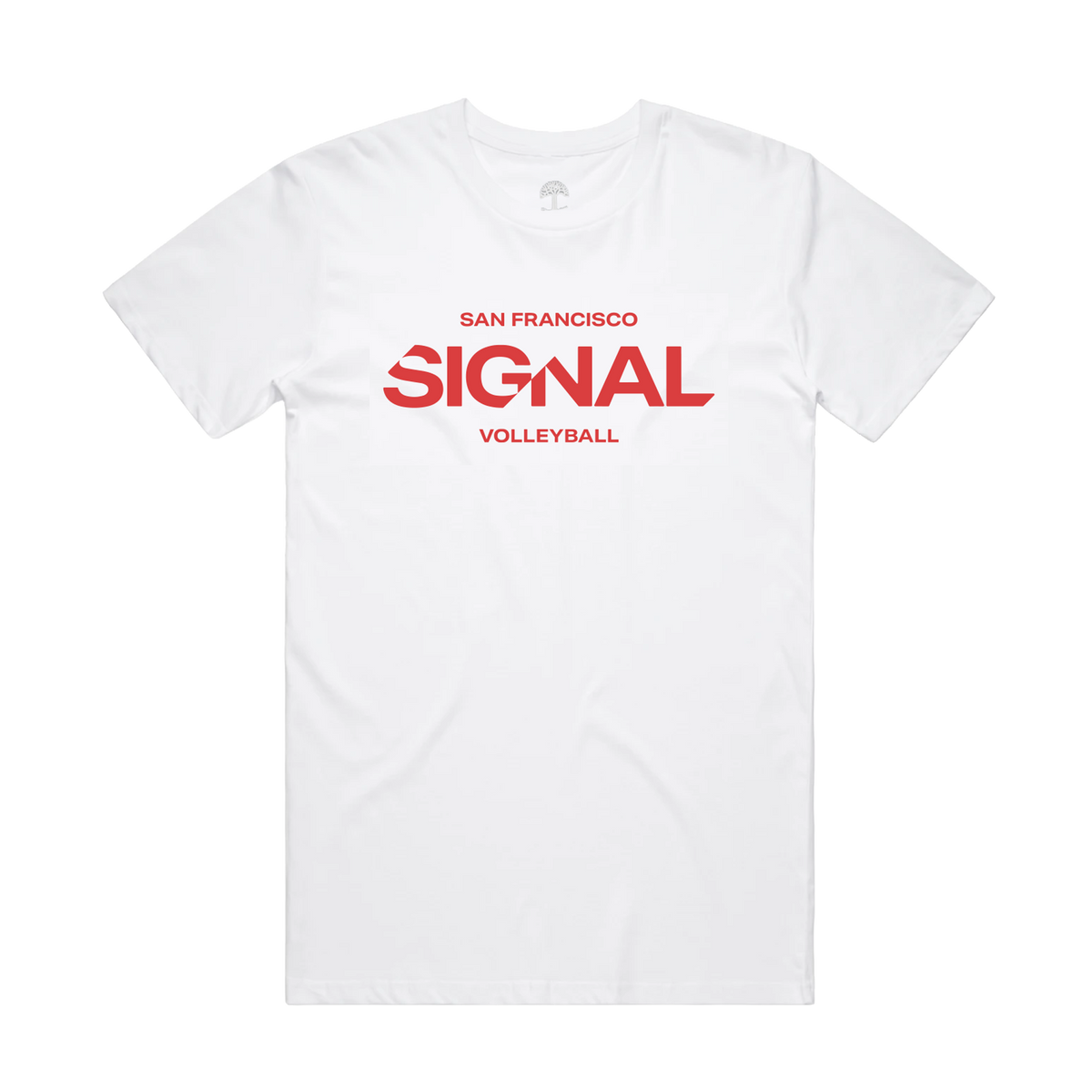 The white, short-sleeved Rally Tee features a crew neck and a classic fit against a light gray background, with “SAN FRANCISCO SIGNAL VOLLEYBALL” printed in red across the chest, emphasizing “SIGNAL” in a bold, larger font.
