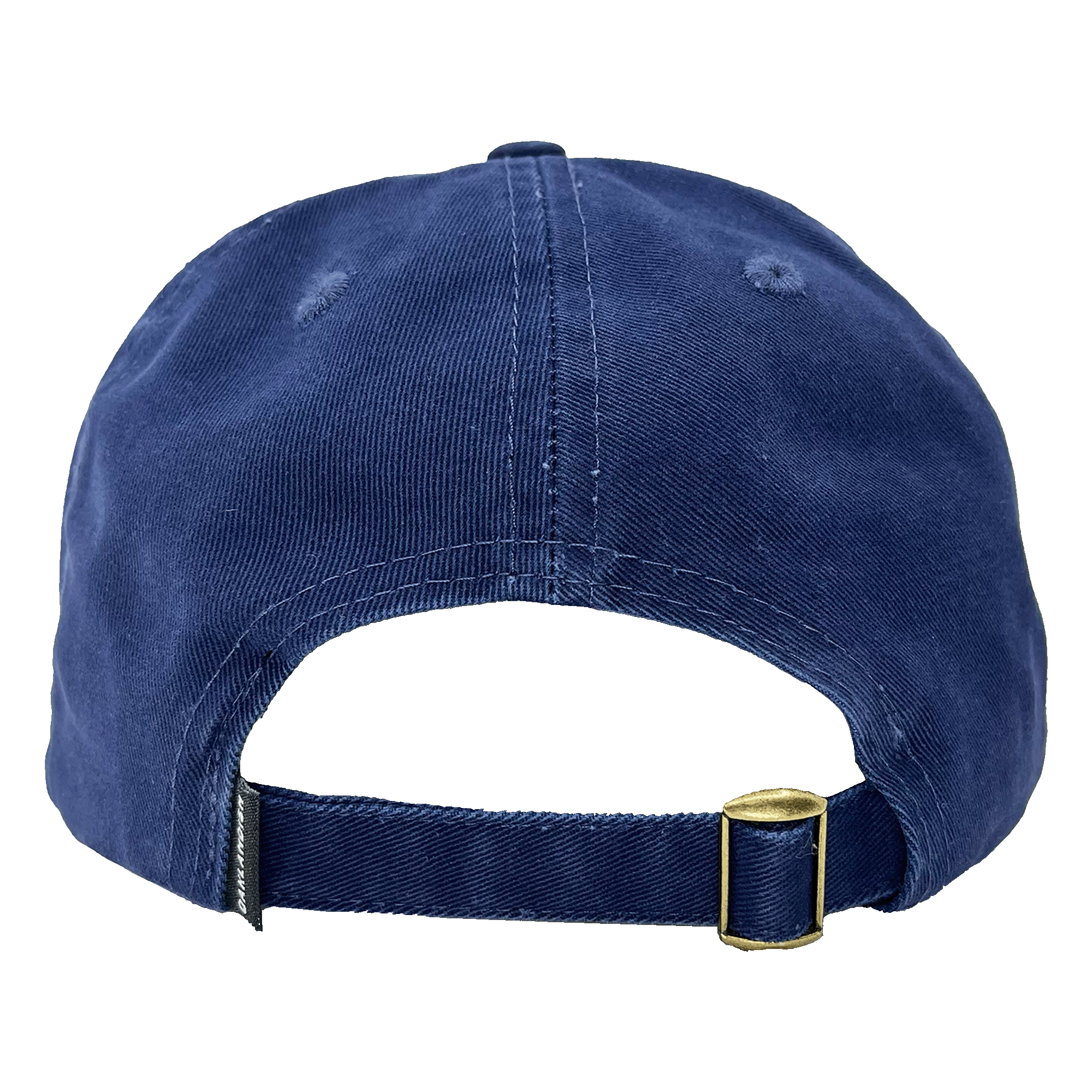 The backside view of a navy dad cap with a strapback closure and a small Oaklandish wordmark tag.