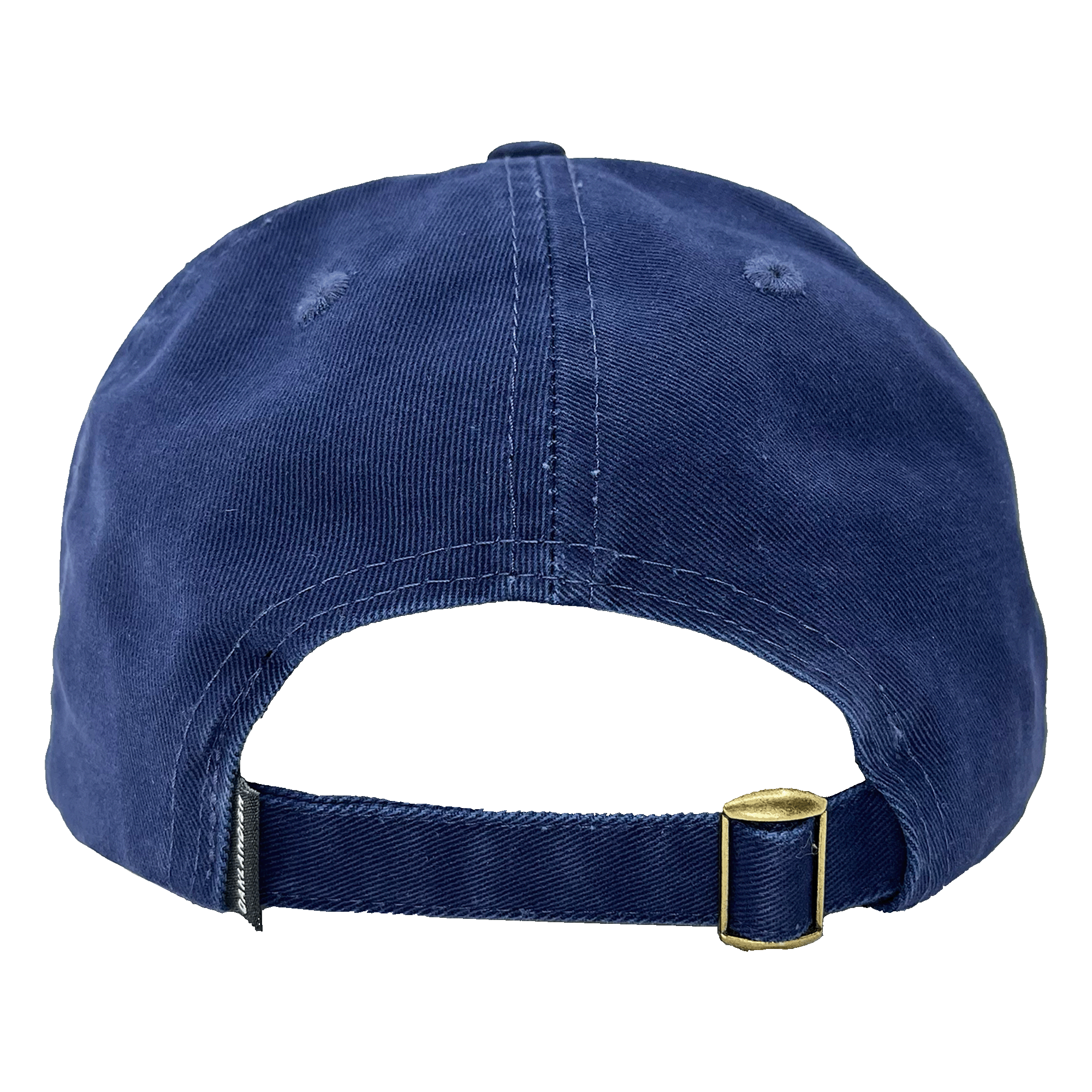 The image shows the back view of the Regal Crest Dad Hat by Oaklandish. This navy blue, 100% cotton cap features an adjustable strap with a brass-colored metal clasp for size adjustment and has two small ventilation holes on each side near the top.