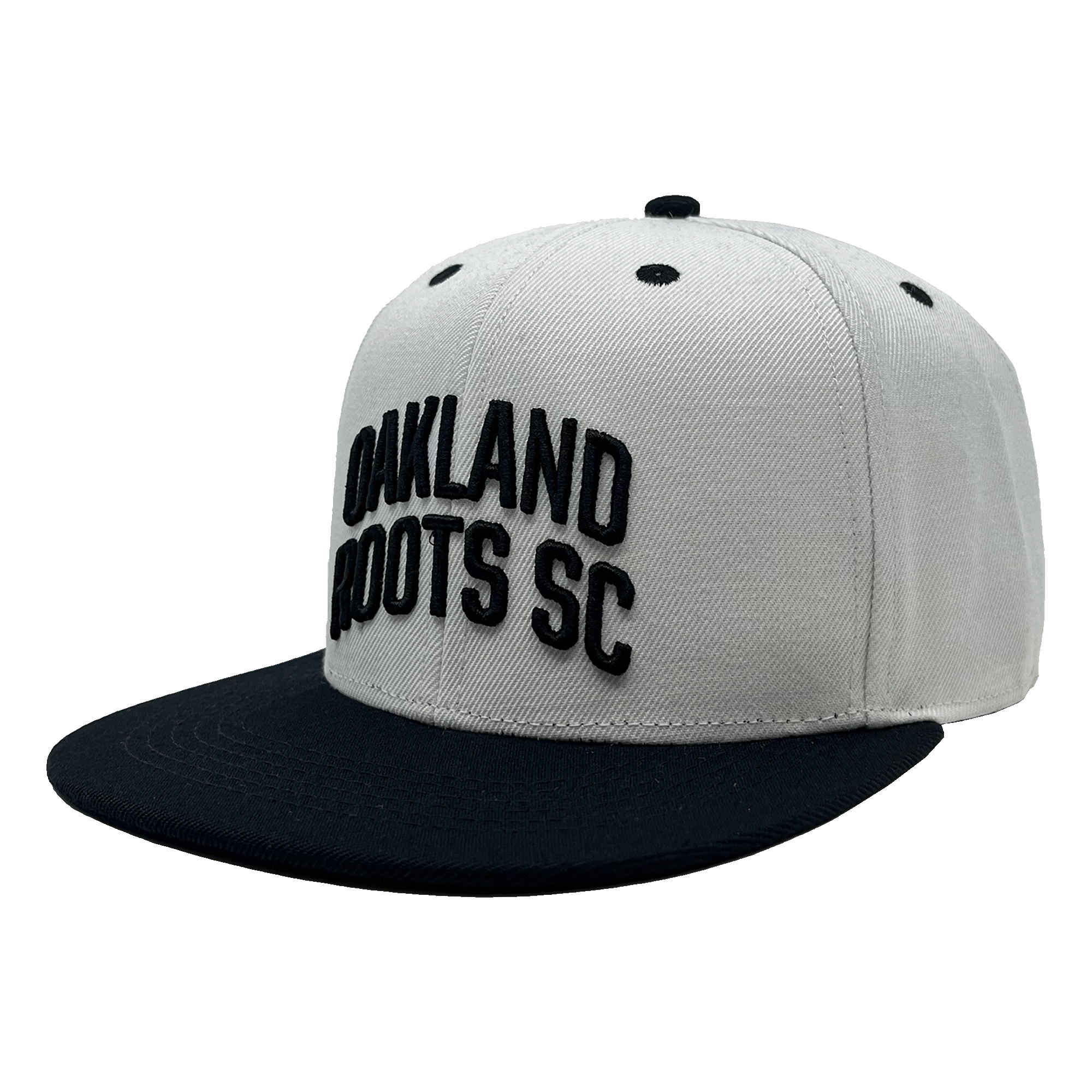  Side view of white snapback hat with black embroidered Oakland Roots SC wordmark on the crown, black flat square bill and black embroidered details.