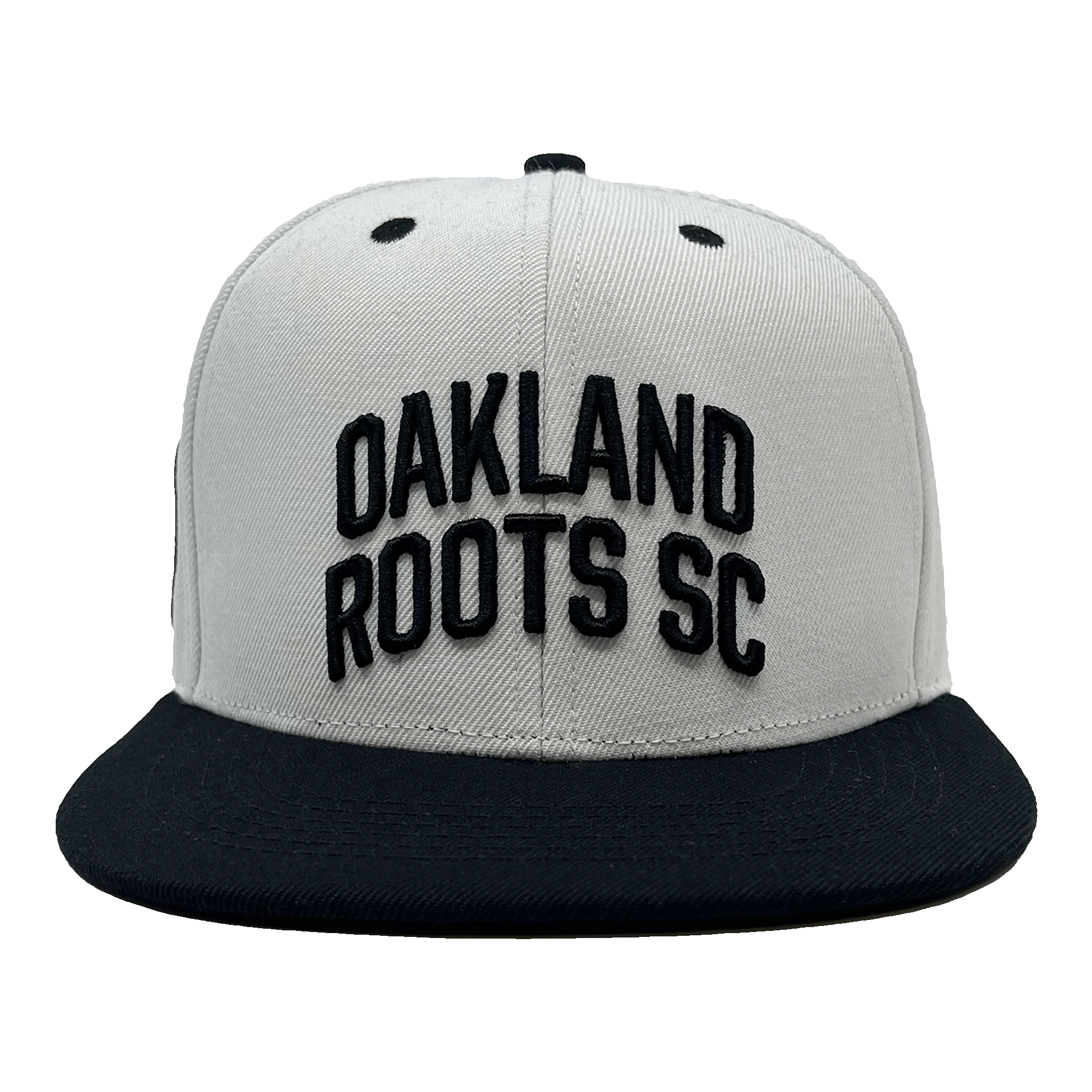 Front view of white snapback hat with black embroidered Oakland Roots SC wordmark on the crown, black flat square bill and black embroidered details.