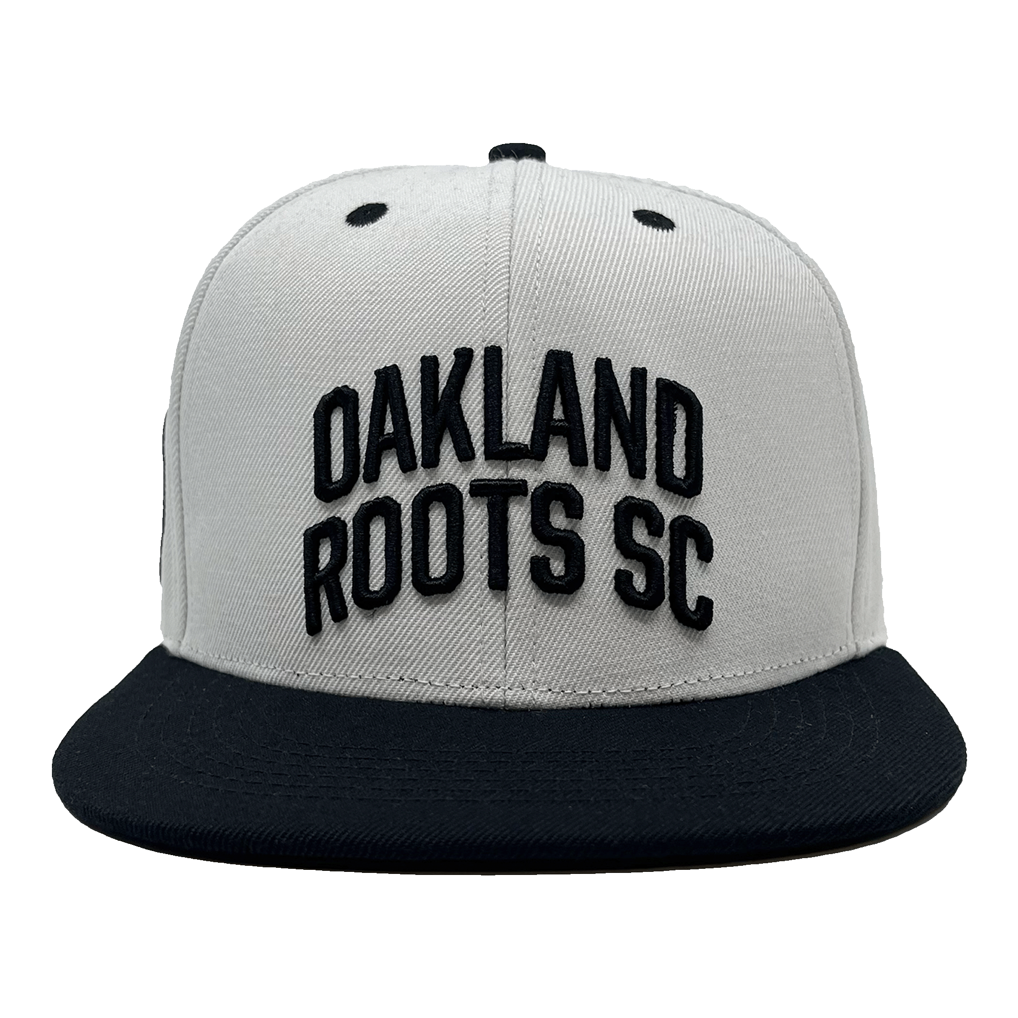 Introducing the Oakland Roots SC Arched Text Snapback by Oakland Roots SC: a gray snapback hat with a black brim. The front prominently displays "OAKLAND ROOTS SC" in bold, black, raised letters. Two small black eyelets on the top provide ventilation. The overall design is simple and sporty, capturing the essence of Oaklandish spirit that represents the Oakland Roots.