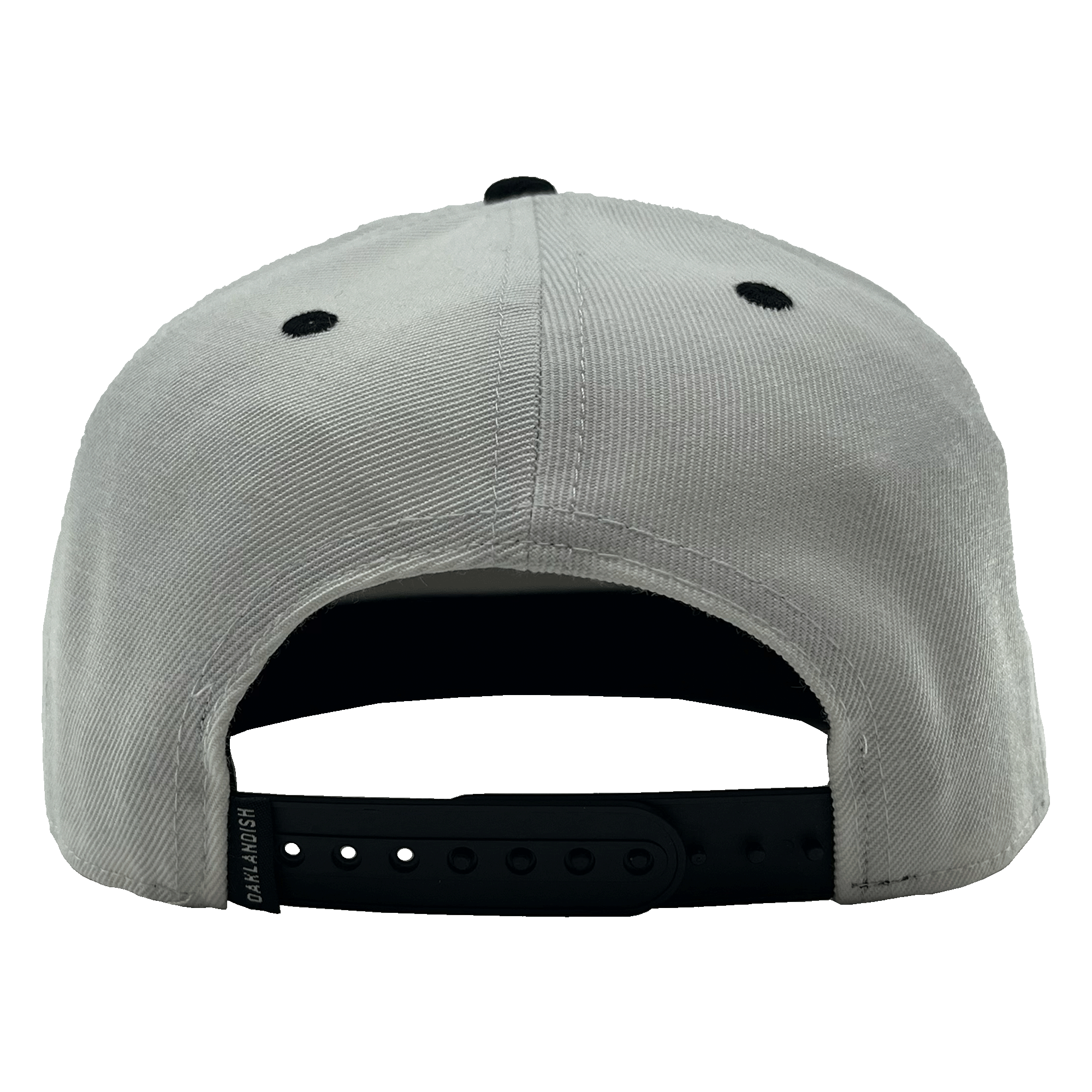 Back view of white hat with black snapback closure and small Oaklandish logo with black embroidered details on the crown.