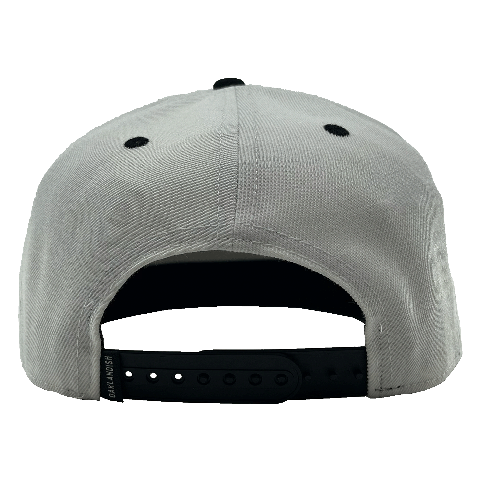 The Oakland Roots SC Arched Text Snapback is displayed from the back, highlighting black ventilation eyelets and a black adjustable snapback closure. The closure includes a branded tag with "DriLaunch" inscribed on it. Made from soft, slightly textured fabric, this light gray cap is ideal for any Oakland Roots supporter.