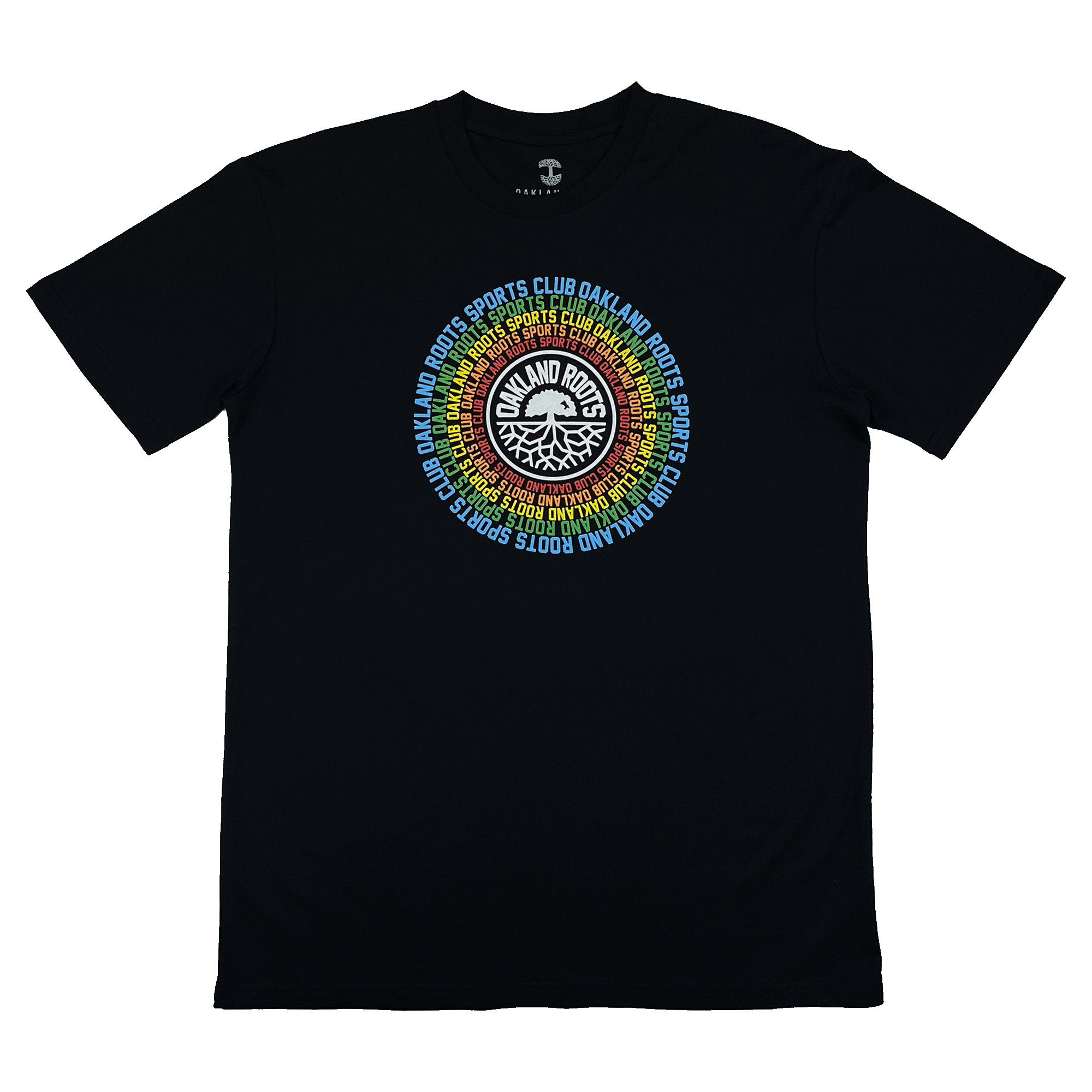 The Oakland Roots SC Aura Tee showcases a dynamic circular graphic emblazoned with the brand name, "Oakland Roots Sports Club," repeated in concentric circles and radiating outward in an array of bright colors. At the heart of this striking design is an intricate logo featuring tree roots, symbolizing social good and community spirit.