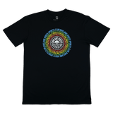 Black t-shirt with Oakland Roots logo and wordmark surrounded by Oakland Roots Sports Club wordmark on repeat in a rainbow circle.