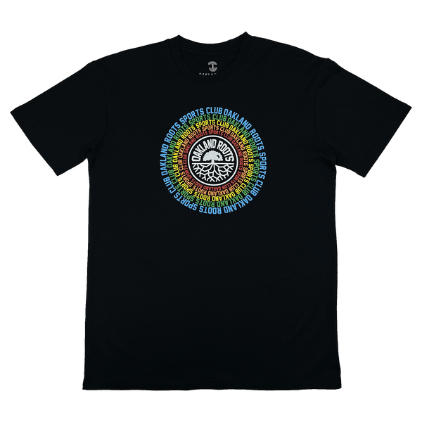 Black t-shirt with Oakland Roots logo and wordmark surrounded by Oakland Roots Sports Club wordmark on repeat in a rainbow circle.