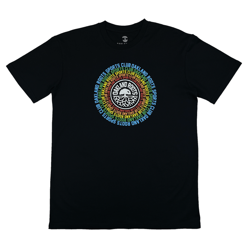Black t-shirt with Oakland Roots logo and wordmark surrounded by Oakland Roots Sports Club wordmark on repeat in a rainbow circle.