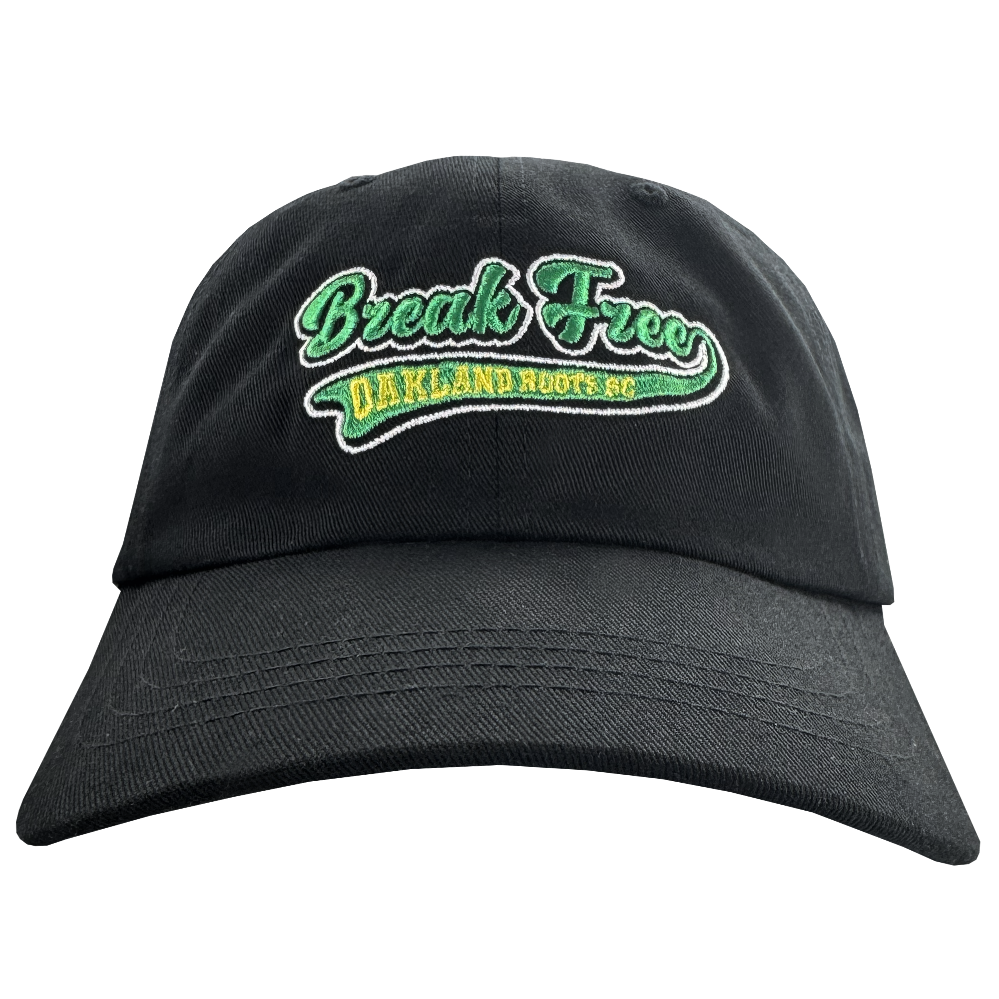 The Oakland Roots SC X Break Free Hat by Oakland Roots SC is a black dad cap featuring “Break Free” embroidered in green and white above “Oakland Roots SC” in yellow, with a green underline on the front.