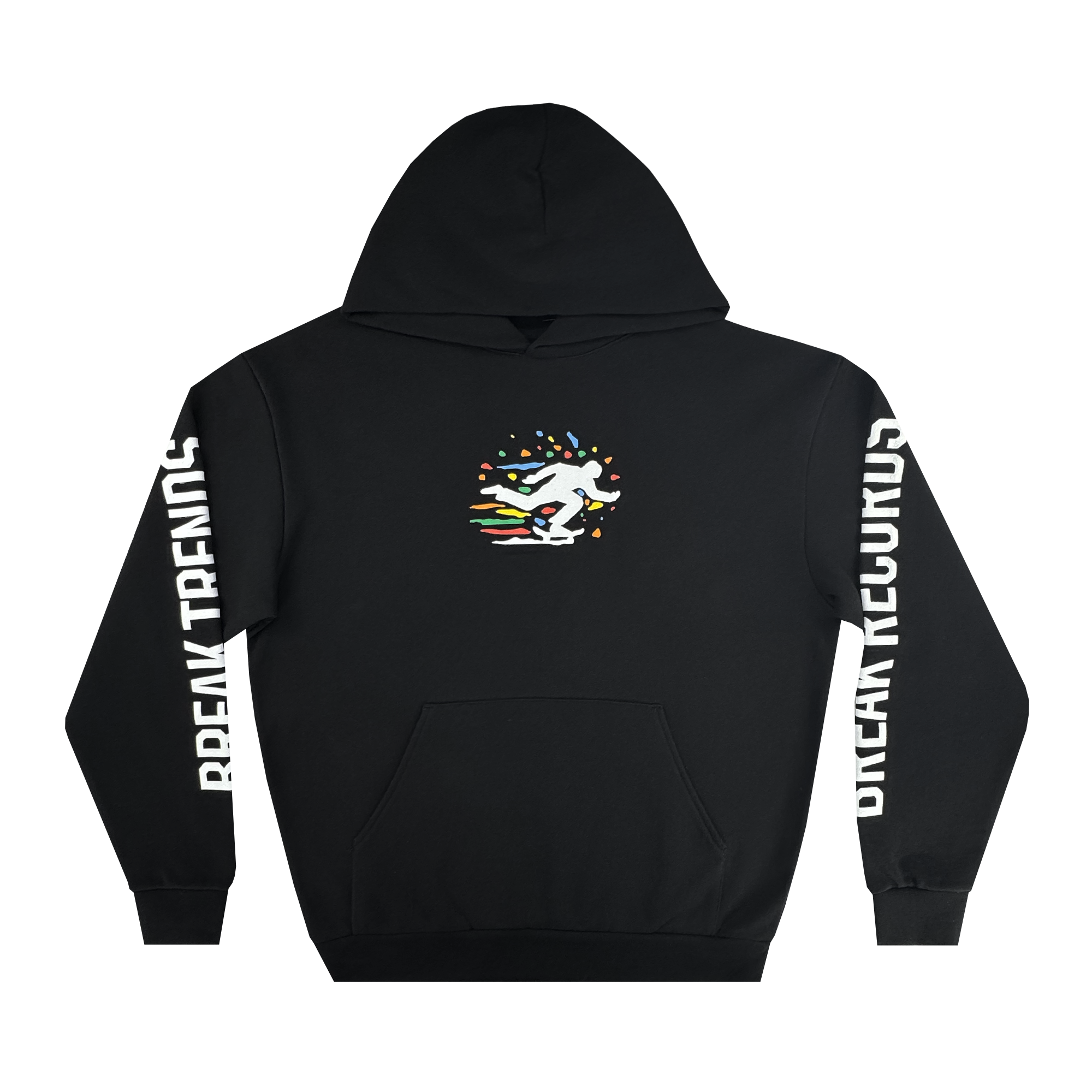 The Oakland Roots SC X Break Free Hoodie by Oakland Roots SC is a black heavyweight hoodie with a vibrant running figure and confetti graphic on the chest, plus bold white “BREAK TRENDS” and “BREAK RECORDS” text down the sleeves.