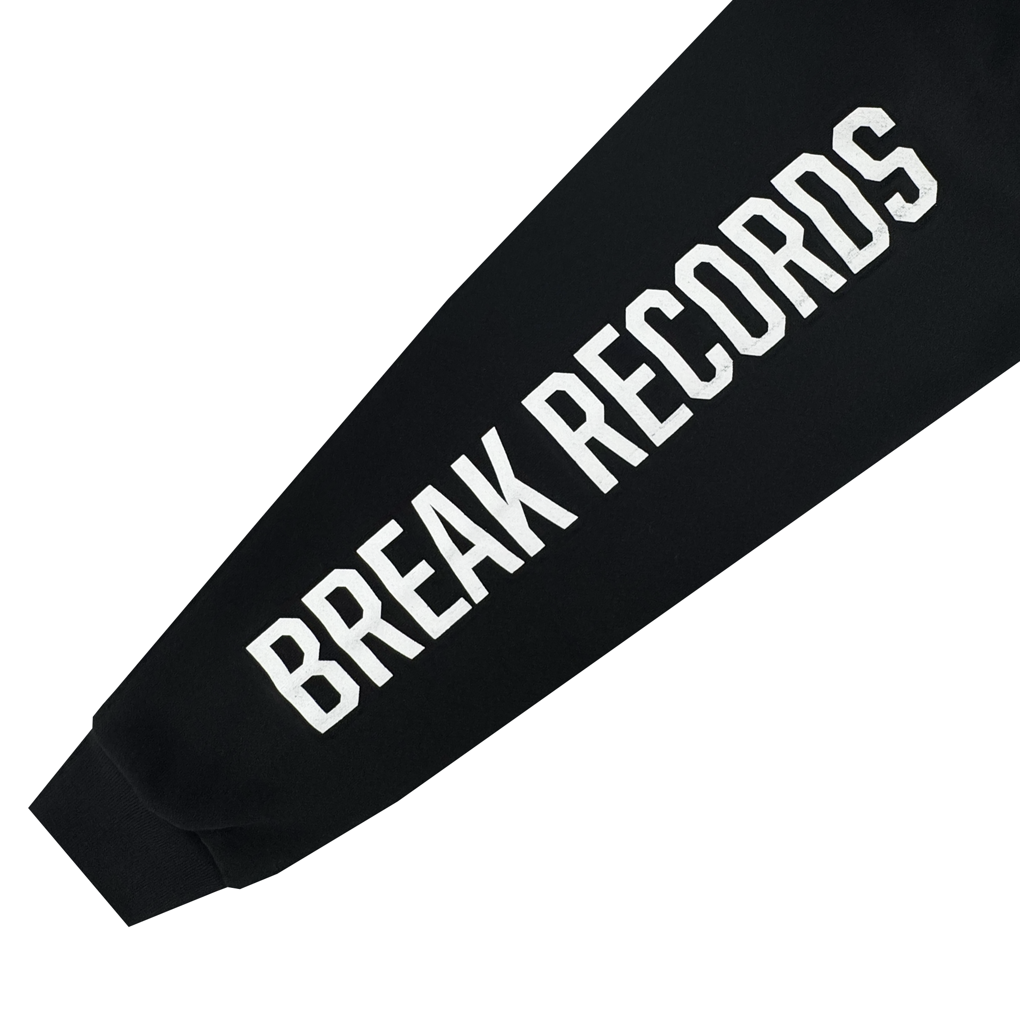 A black heavyweight Oakland Roots SC X Break Free Hoodie sleeve features bold white “BREAK RECORDS” text along its length, angled diagonally on a plain white background—showcasing this standout men’s pullover from Oakland Roots SC.