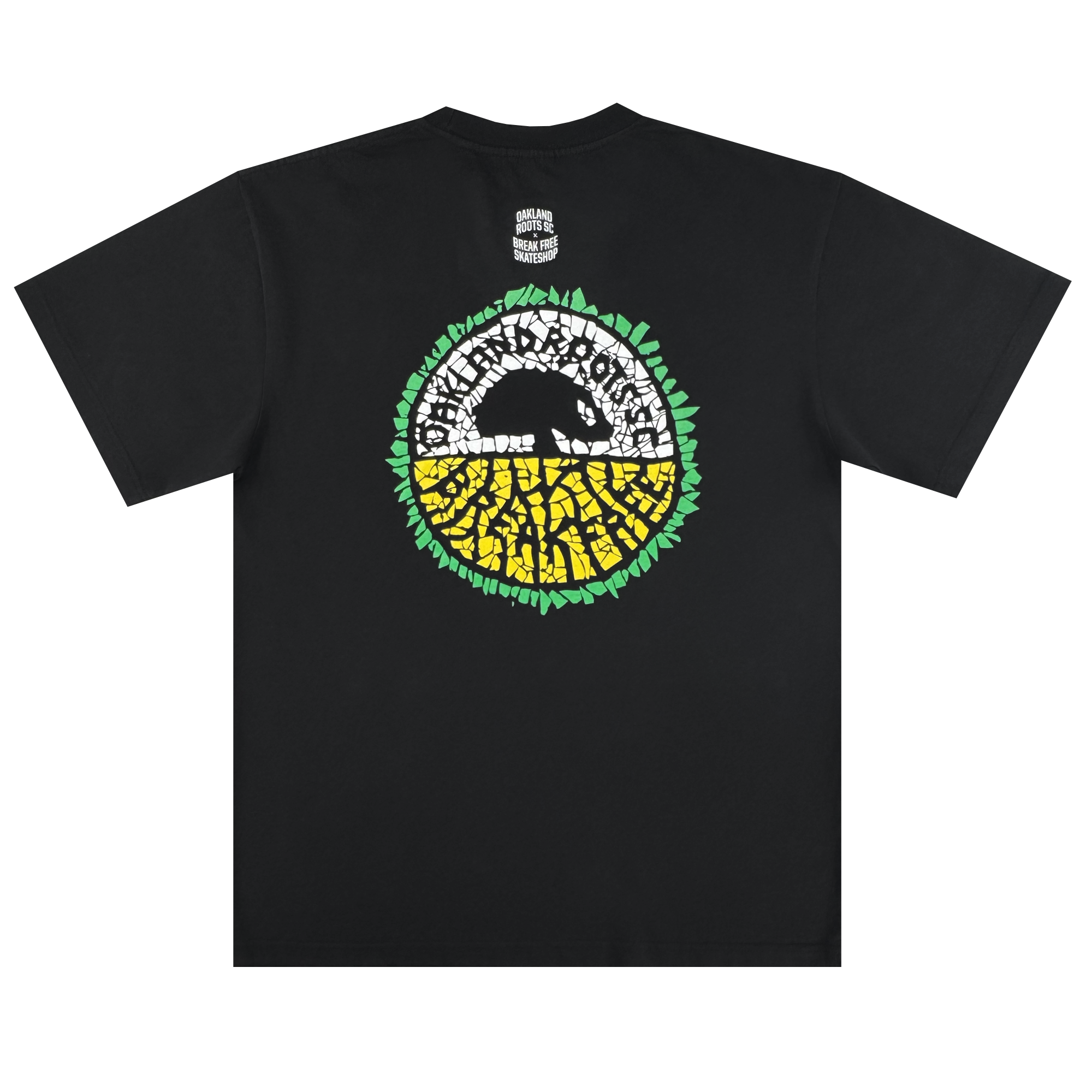 The Oakland Roots SC X Break Free Tee by Oakland Roots SC is a black classic fit t-shirt featuring a large circular back graphic with a black anteater silhouette, white and yellow mosaic pattern, green leaves, and "Good Faith Worldwide" above.
