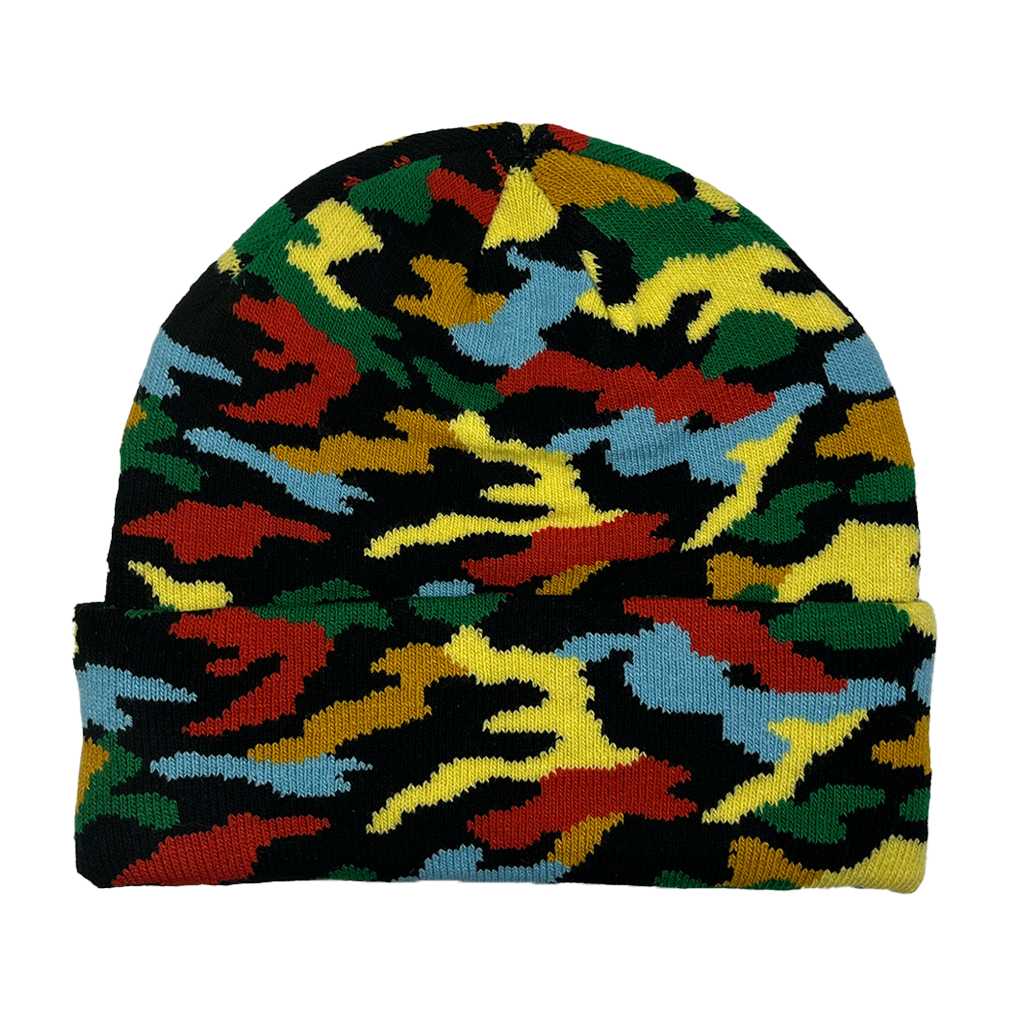 The Oakland Roots SC Camo Beanie features a colorful yellow, green, red, blue, and black camo knit design with an Oakland Roots SC patch. The beanie is shown flat on a white background.