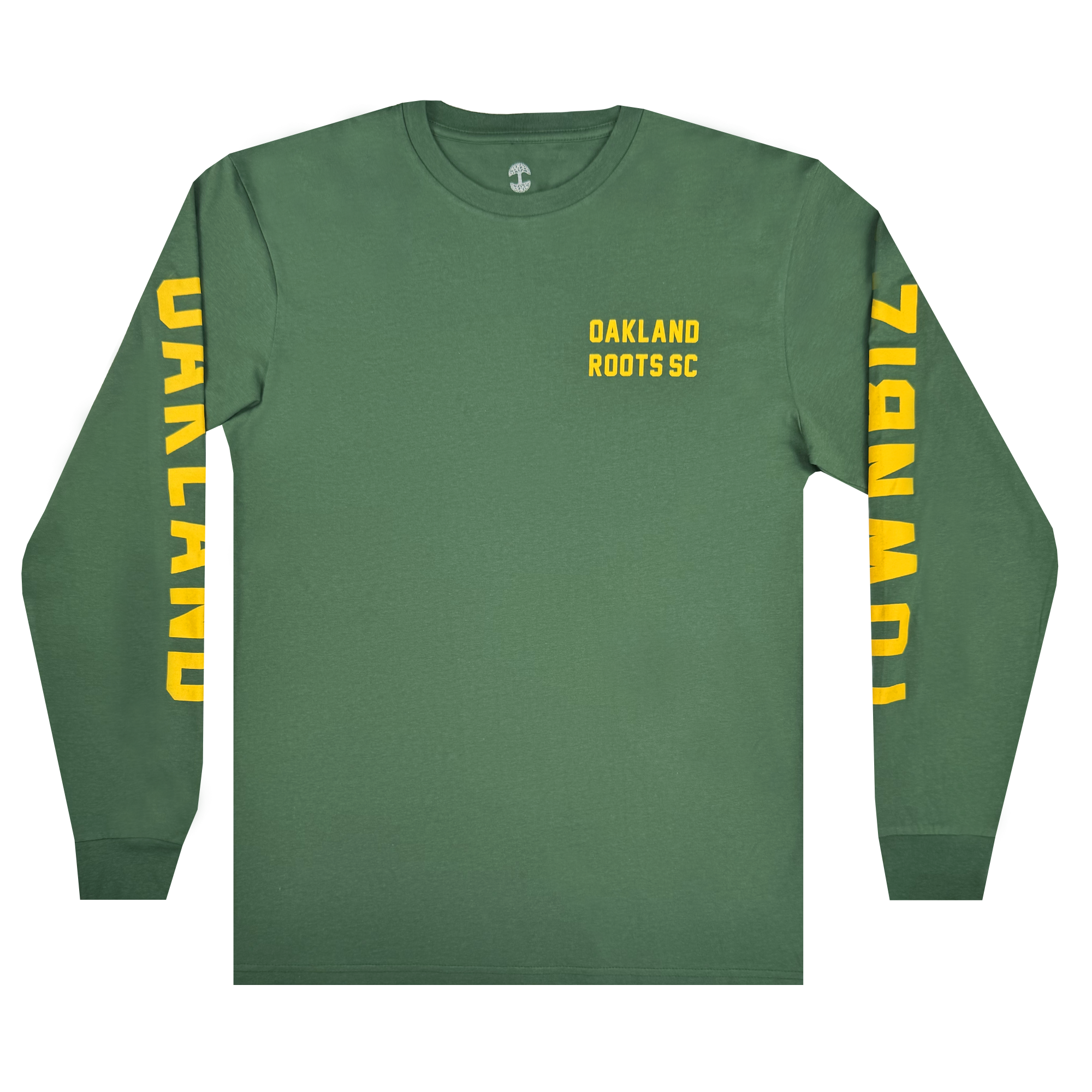 The Oakland Roots SC Classic 2.0 LS Tee is a green long-sleeve shirt by Oakland Roots SC, featuring yellow “OAKLAND ROOTS SC” print on the chest and bold vertical “OAKLAND” and “TOWN BIZ” text down each sleeve.