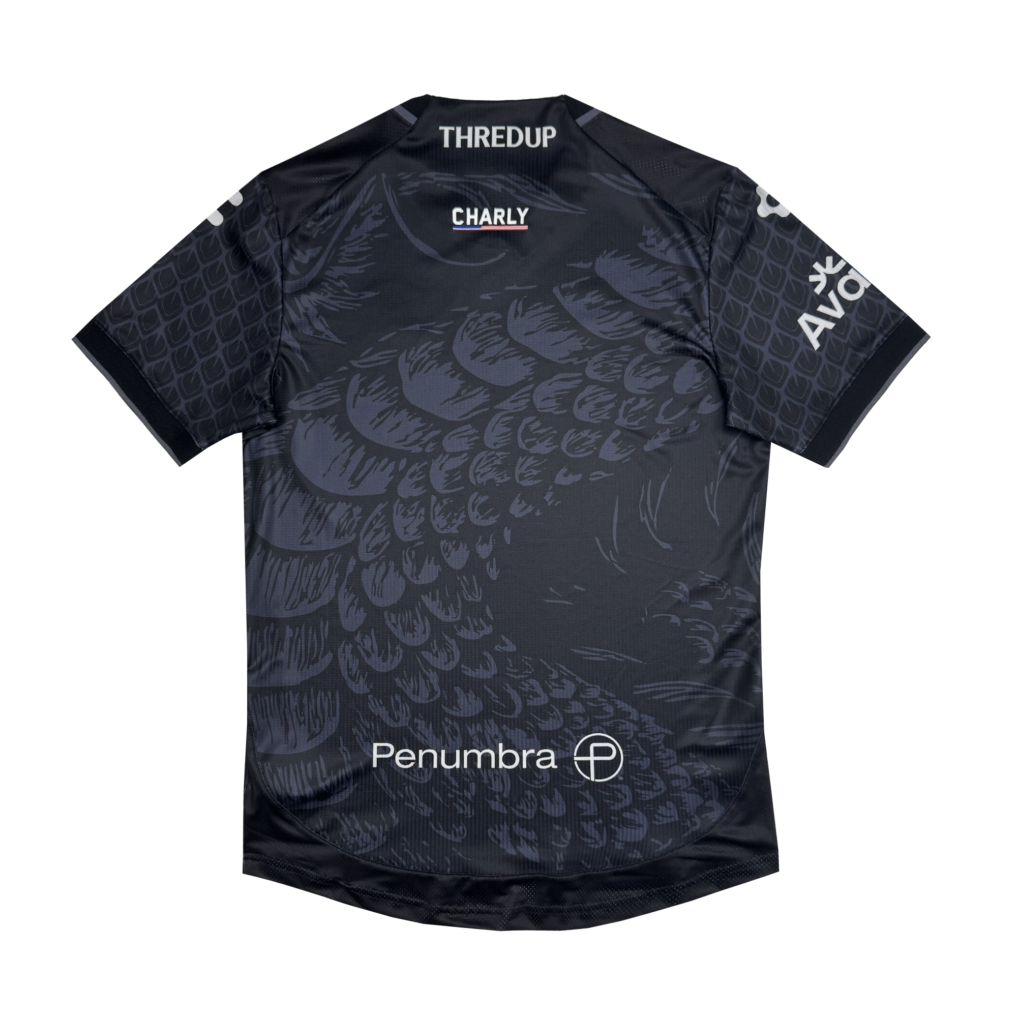 The Unisex Oak-ness Awakens Kit by Oakland Roots SC is a dark gray soccer jersey featuring a subtle scaled pattern inspired by the Oak-ness Monster, with bold white "Penumbra," "THREDUP," "CHARLY," and "AVOF" logos on the chest, shoulders, and front.