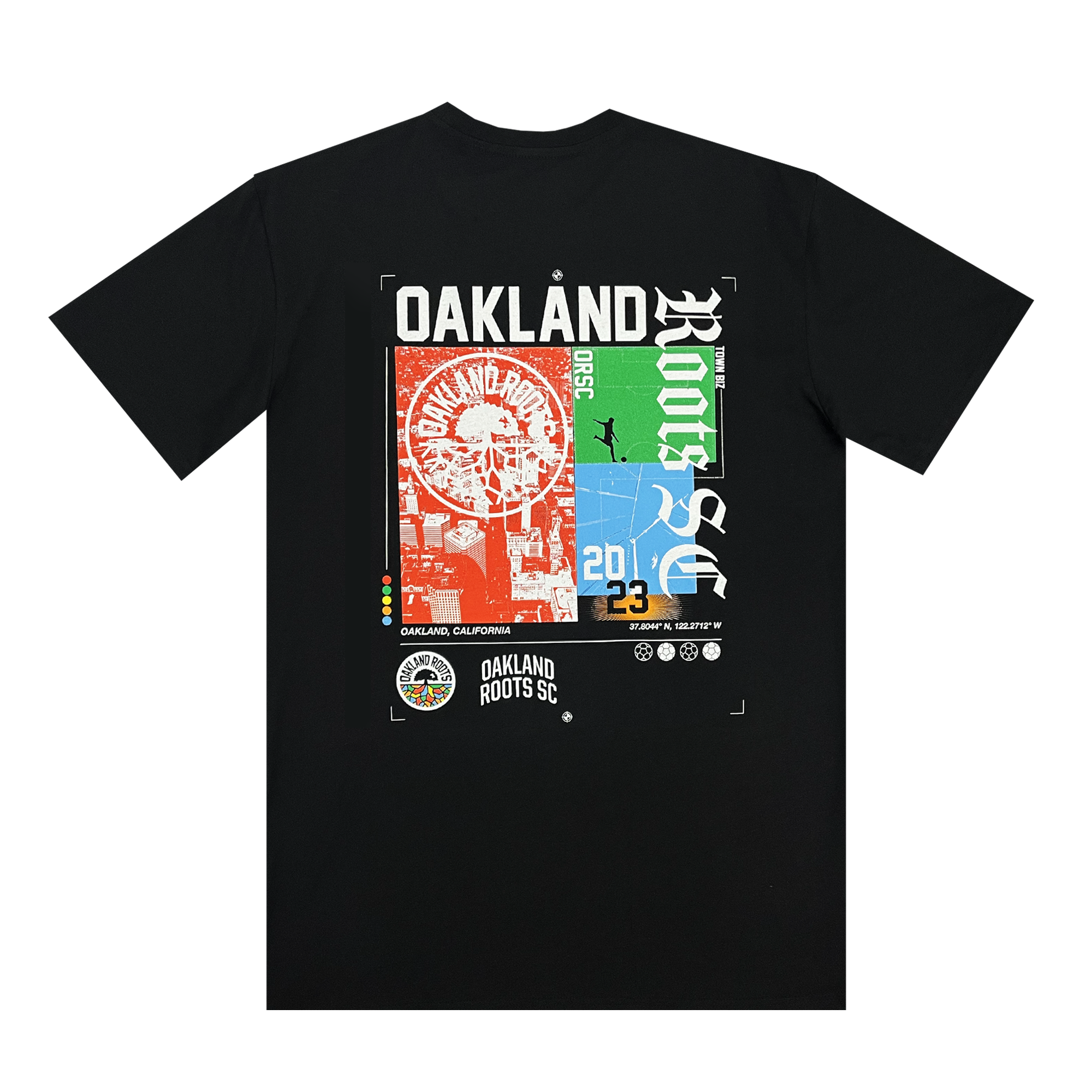 Back view of black t-shirt with a large multi-color Futboltown Oakland Roots SC graphic, wordmarks and logos.