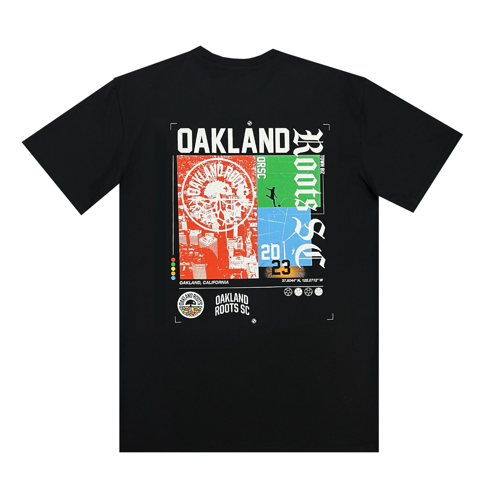 Introducing the Oakland Roots SC Futbol Town Tee, a black t-shirt boasting a vibrant graphic design for the Oakland Roots Sports Club. The design prominently features a large Ferris wheel, an urban cityscape, and an action-packed skateboarder, along with bold "OAKLAND" and "Roots SC" texts. It also includes "20-23" and team logos, all rendered in eye-catching red, green, white, and blue hues that promote social good.