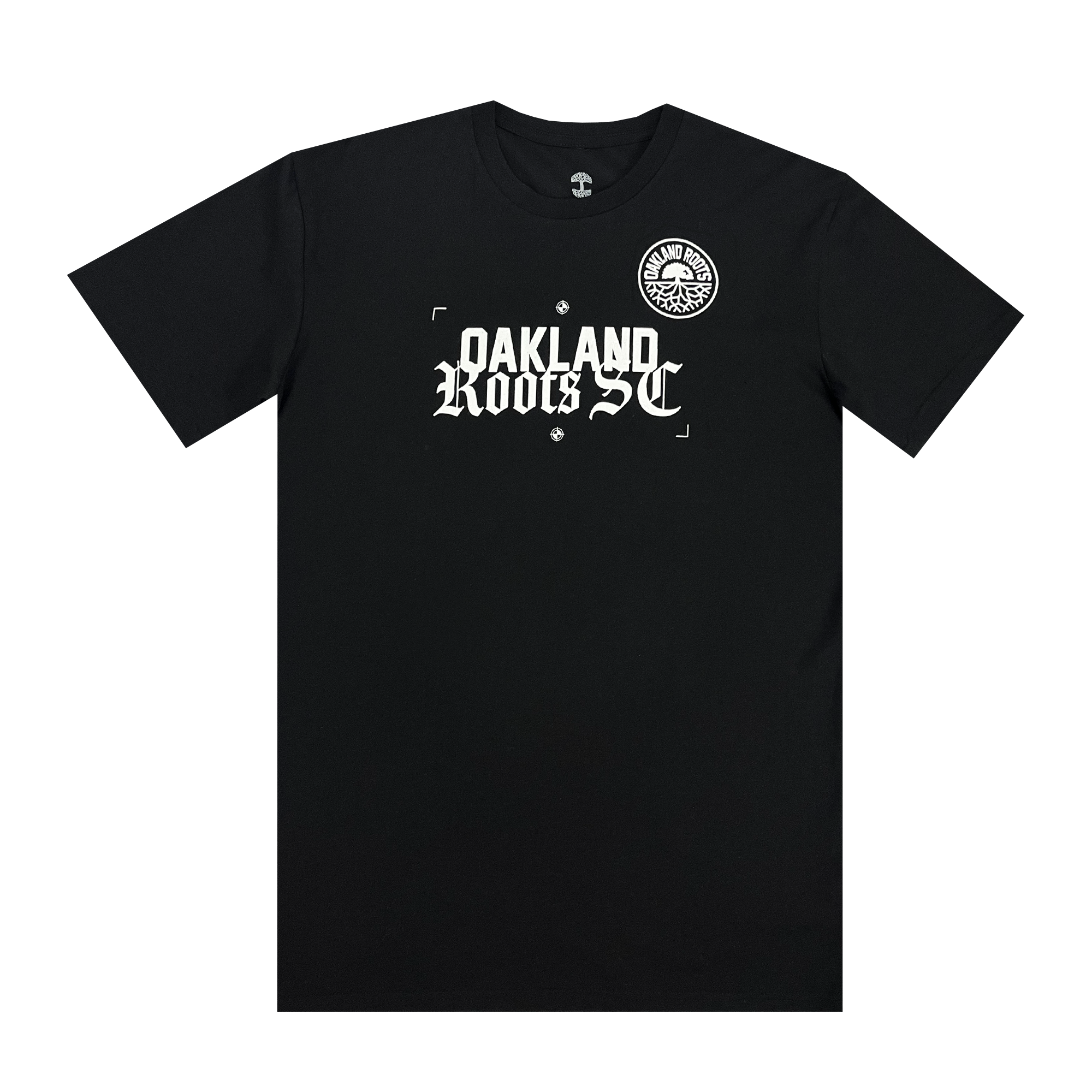 Front view of a black t-shirt with white OAKLAND ROOTS SC wordmark in old-time font and circle logo on the chest. 